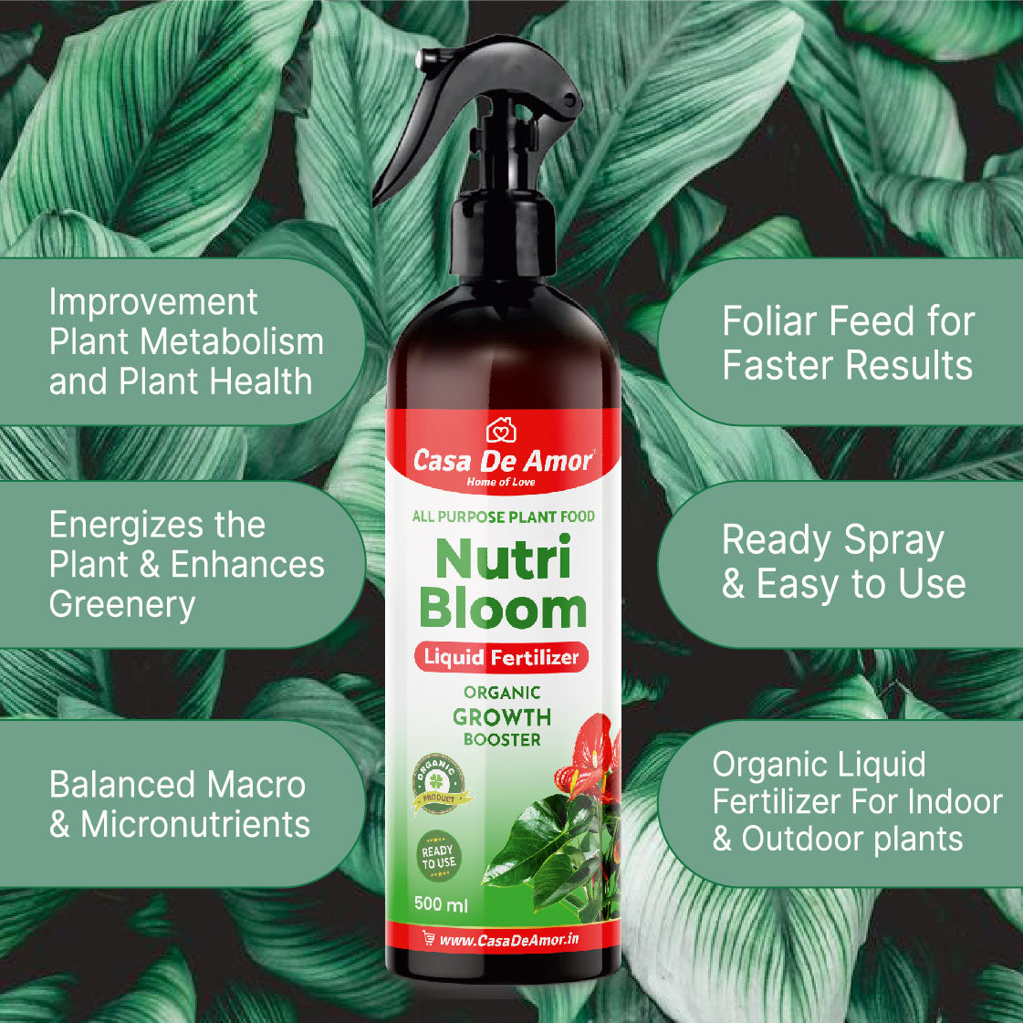 Casa De Amor Nutri Bloom – Plant Growth Booster for Potted Indoor and Outdoor Plants, Balanced Macro & Micro Nutrients, Ready to Use Spray- 500ml