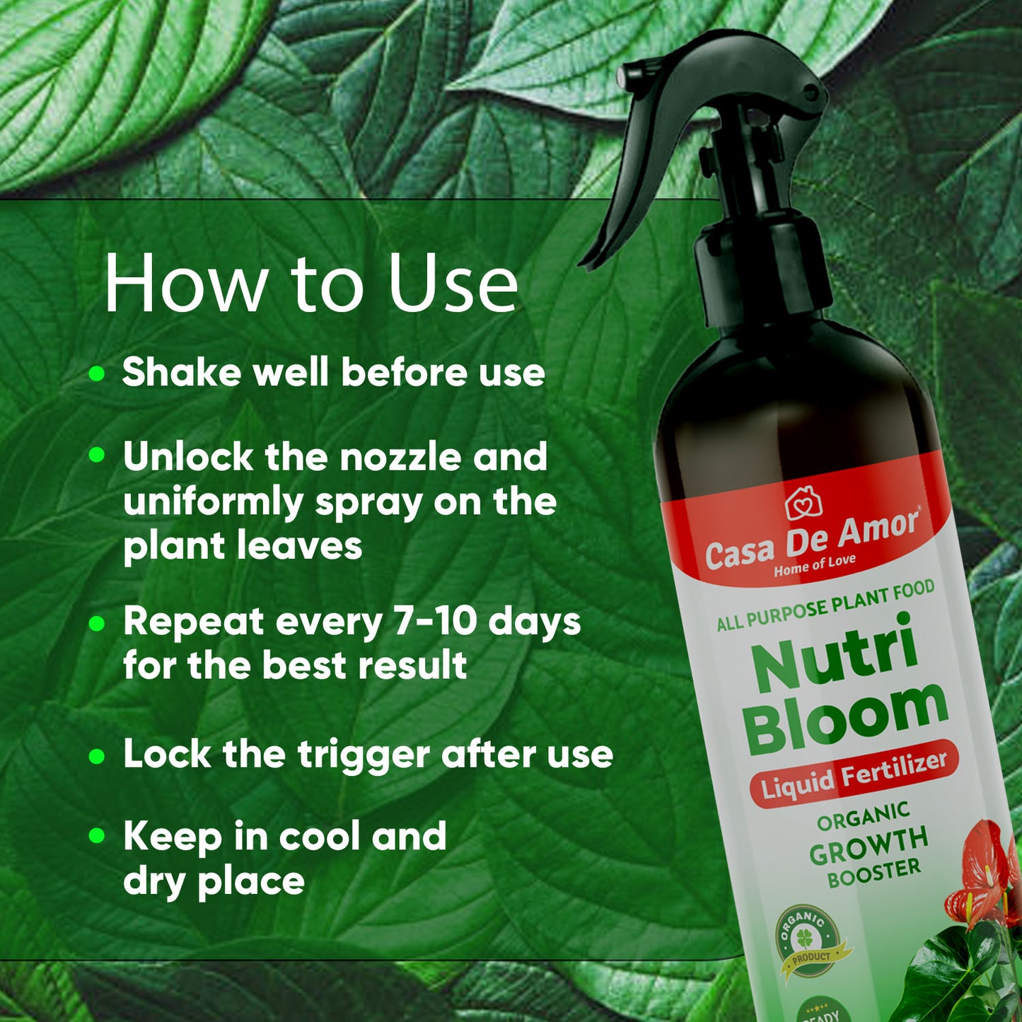 Casa De Amor Nutri Bloom – Plant Growth Booster for Potted Indoor and Outdoor Plants, Balanced Macro & Micro Nutrients, Ready to Use Spray- 500ml