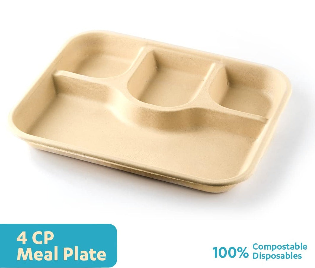 Eco-Friendly Disposable Compostable 4 Compartment Dinner Plates, Pack of 25, Off White (4CP, R)