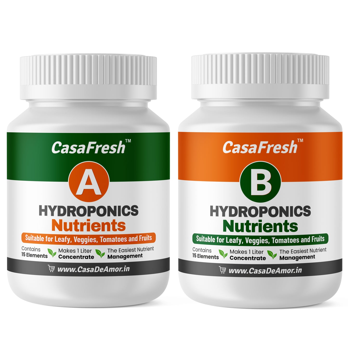 Casa De Amor Hydroponic A&B Nutrients - For Leafy, Veggies, Tomatoes & Fruits, 15 Elements, 200L Solution, Balanced Plant Nutrition