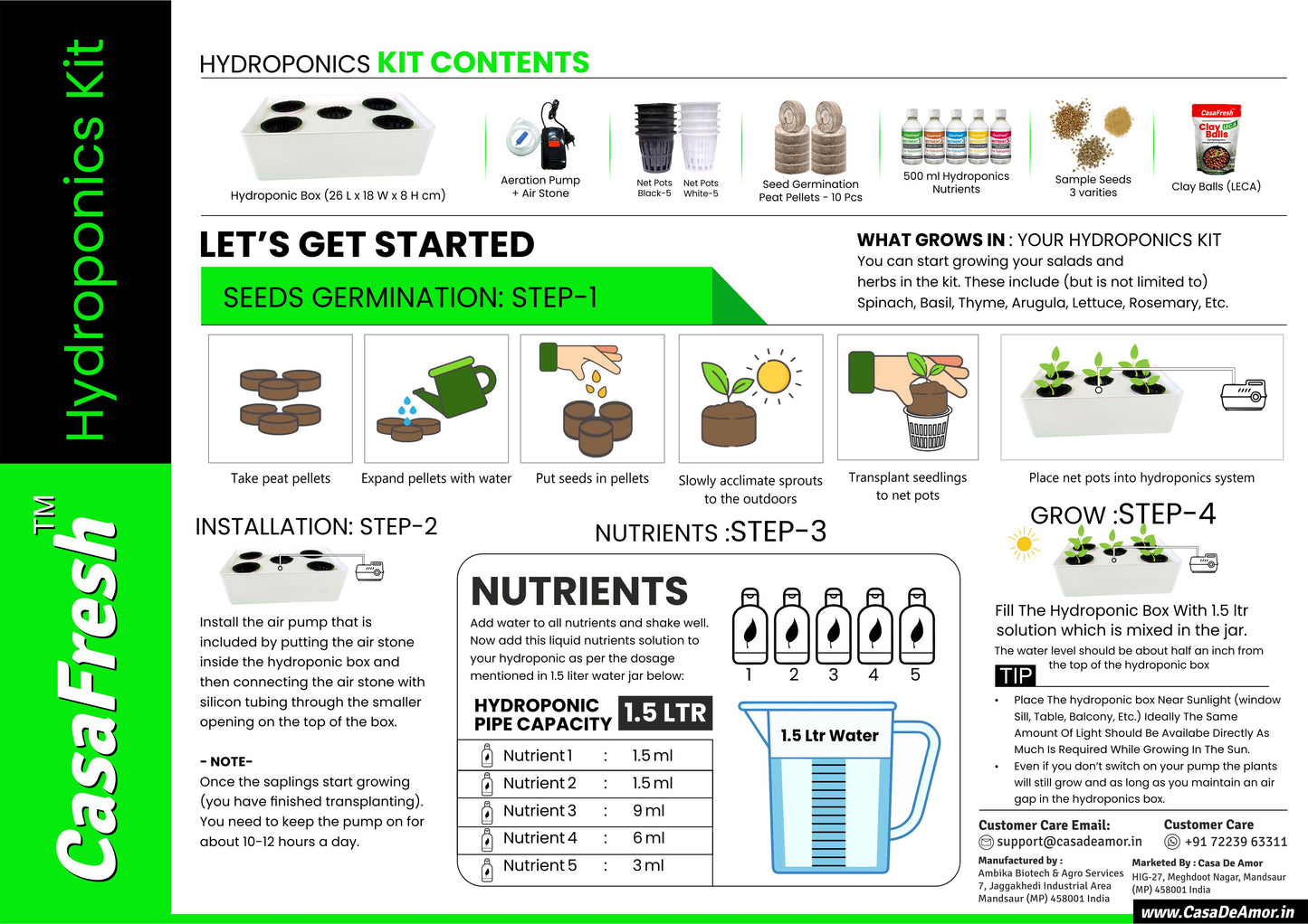 CasaFresh Hydroponic System Growing Kit for 5 Plants Herb Garden Starter Set - Beginners Hydroponic System- Reusable for Indoor/Outdoor hydroponics, Seeds Included