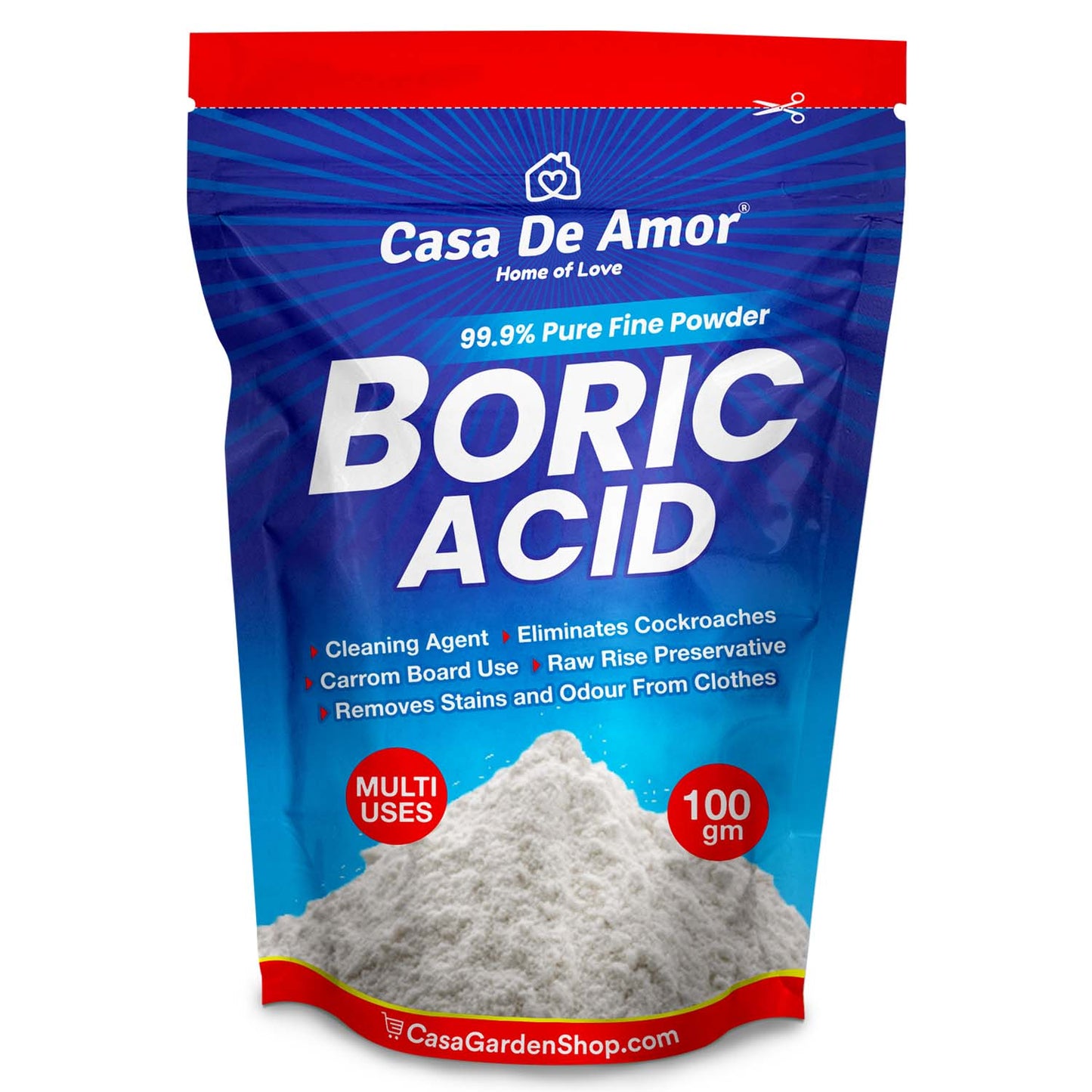 Casa De Amor Boric Acid - 99.9% Pure Fine Powder- Highly Effective for Removing Pests Cockroaches, Ants, Silverfishes, Rice Preservative, Anhydrous