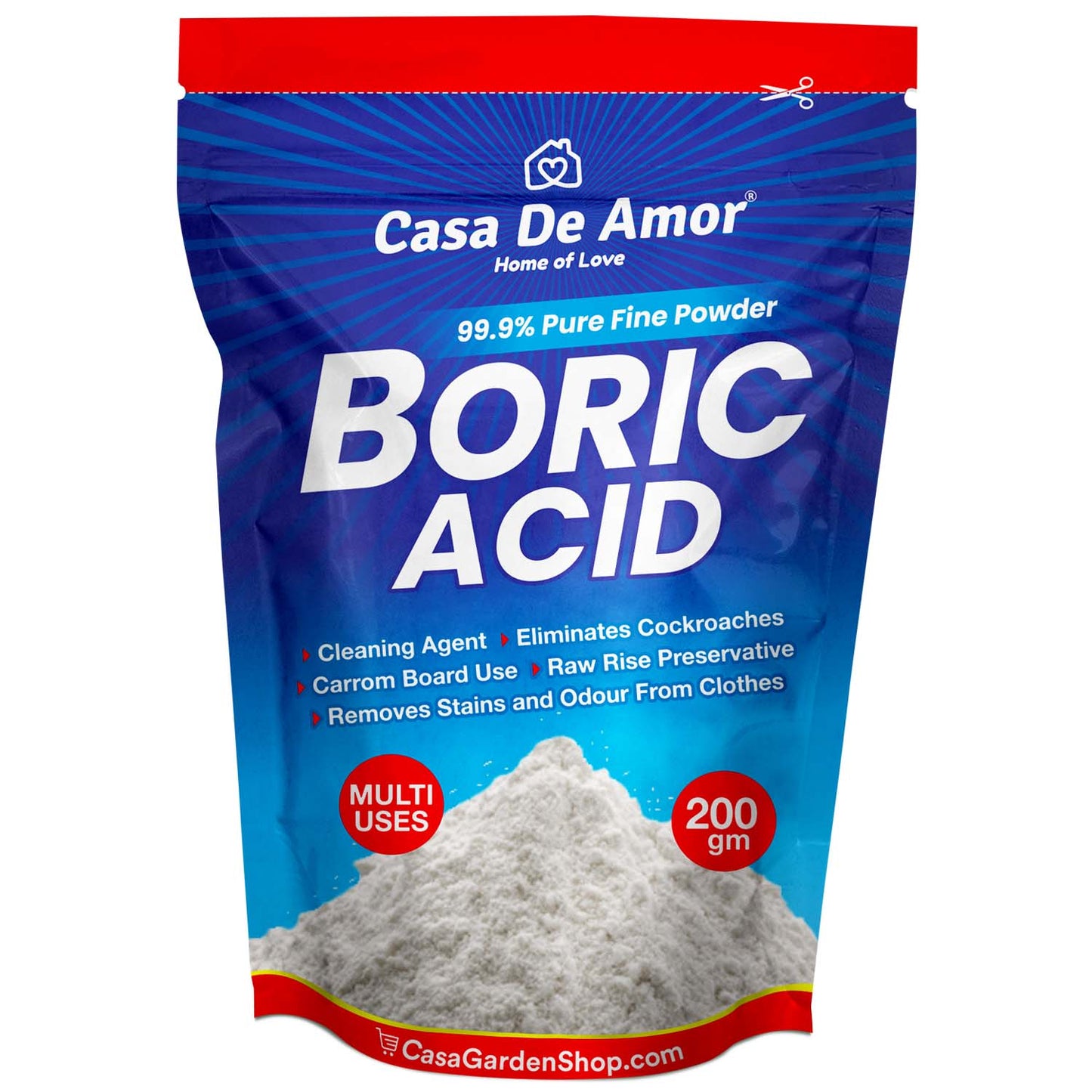 Casa De Amor Boric Acid - 99.9% Pure Fine Powder- Highly Effective for Removing Pests Cockroaches, Ants, Silverfishes, Rice Preservative, Anhydrous