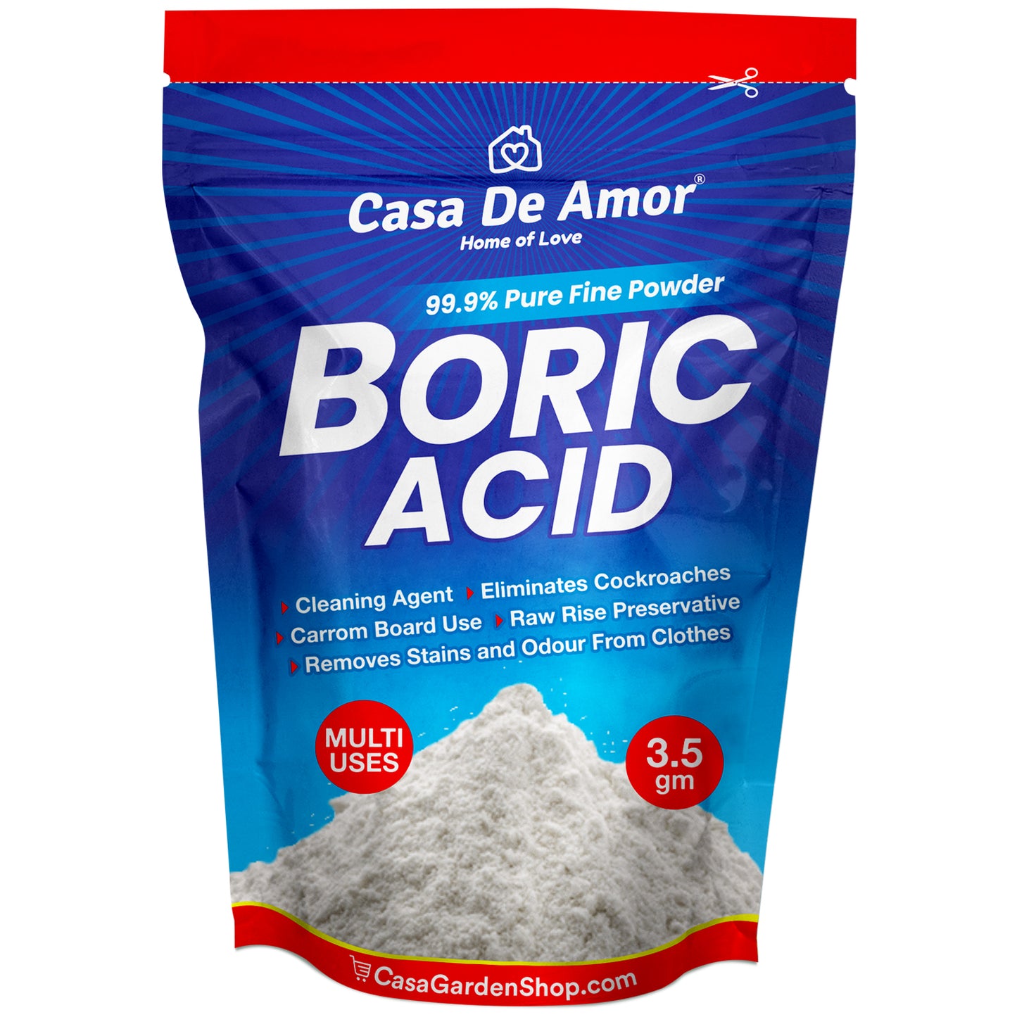 Casa De Amor Boric Acid - 99.9% Pure Fine Powder- Highly Effective for Removing Pests Cockroaches, Ants, Silverfishes, Rice Preservative, Anhydrous