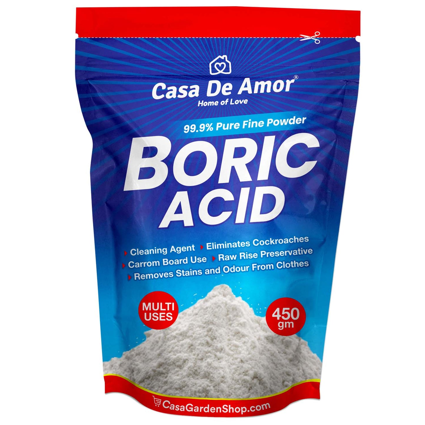 Casa De Amor Boric Acid - 99.9% Pure Fine Powder- Highly Effective for Removing Pests Cockroaches, Ants, Silverfishes, Rice Preservative, Anhydrous