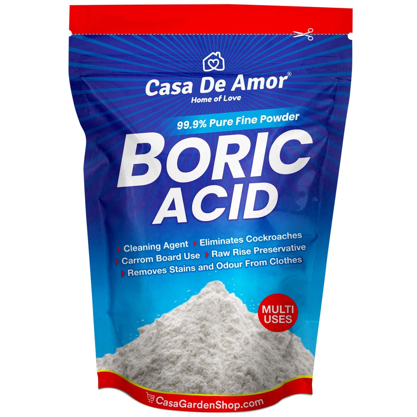 Casa De Amor Boric Acid - 99.9% Pure Fine Powder- Highly Effective for Removing Pests Cockroaches, Ants, Silverfishes, Rice Preservative, Anhydrous