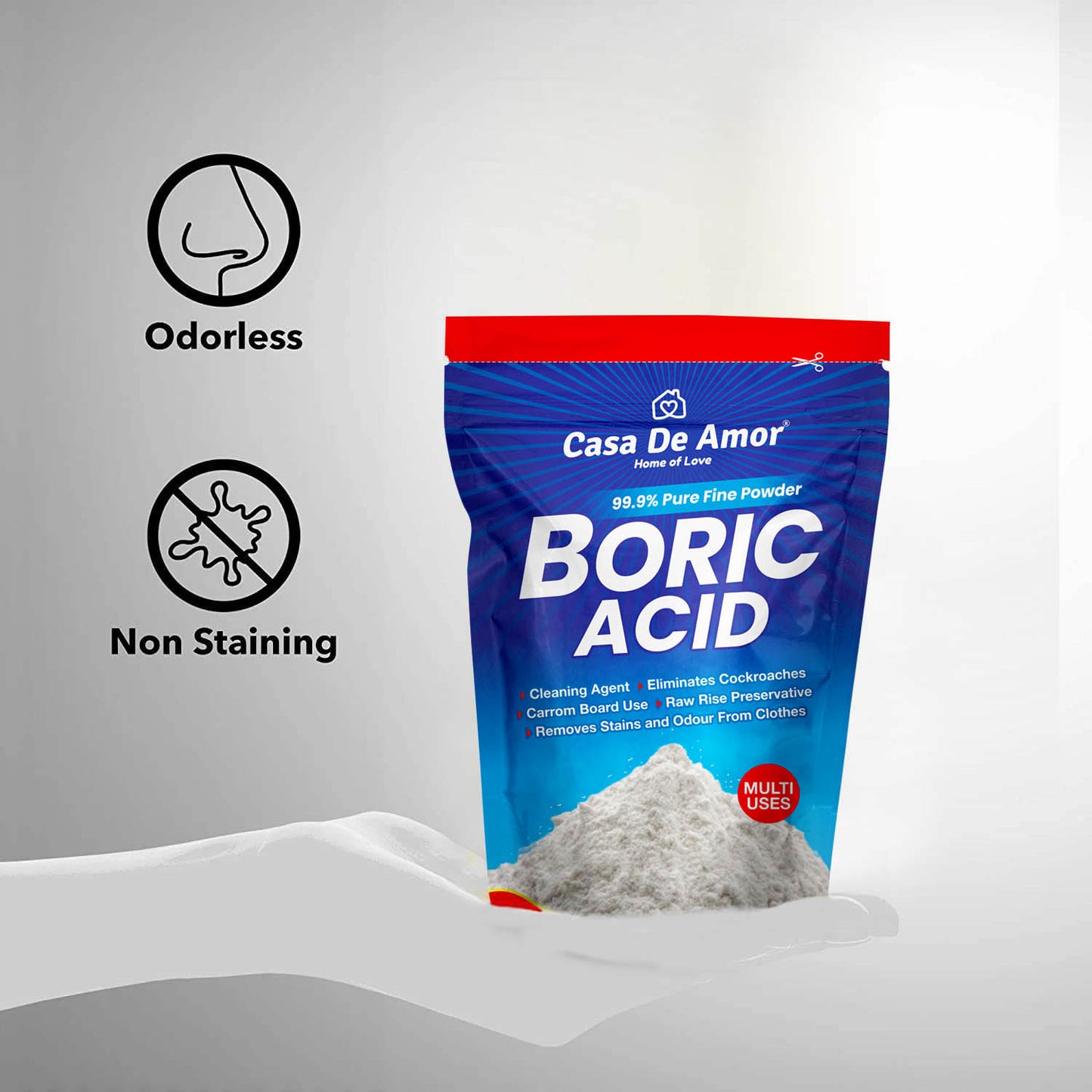 Casa De Amor Boric Acid - 99.9% Pure Fine Powder- Highly Effective for Removing Pests Cockroaches, Ants, Silverfishes, Rice Preservative, Anhydrous