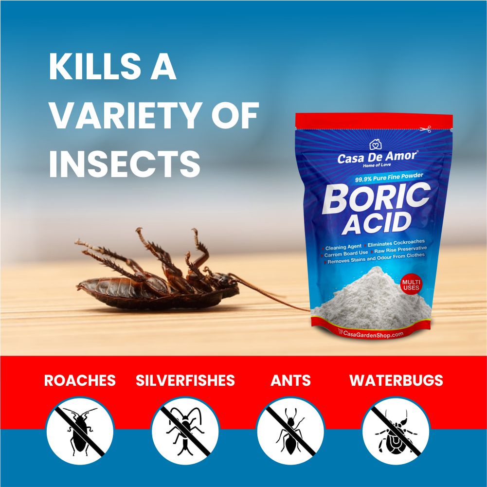 Casa De Amor Boric Acid - 99.9% Pure Fine Powder- Highly Effective for Removing Pests Cockroaches, Ants, Silverfishes, Rice Preservative, Anhydrous