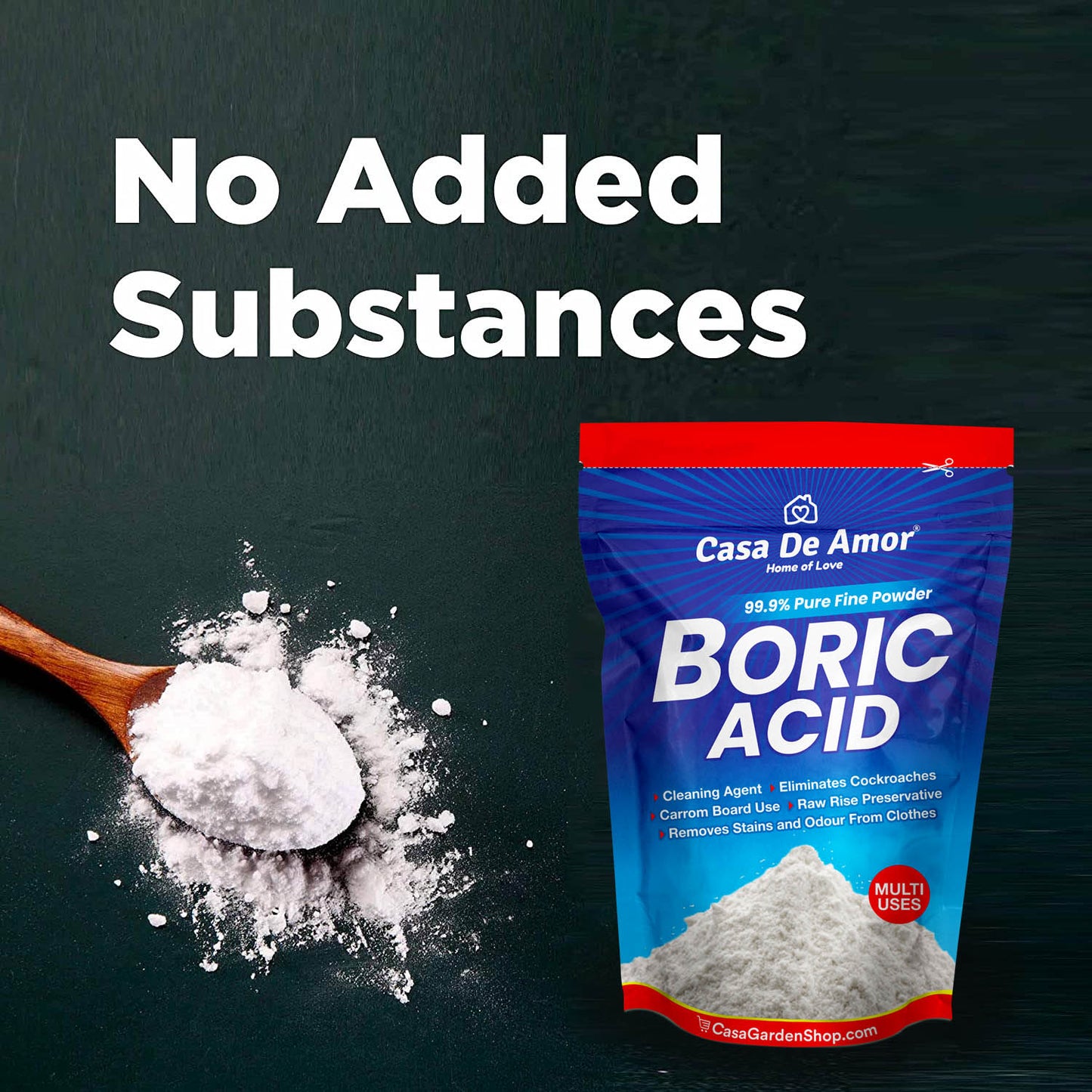 Casa De Amor Boric Acid - 99.9% Pure Fine Powder- Highly Effective for Removing Pests Cockroaches, Ants, Silverfishes, Rice Preservative, Anhydrous
