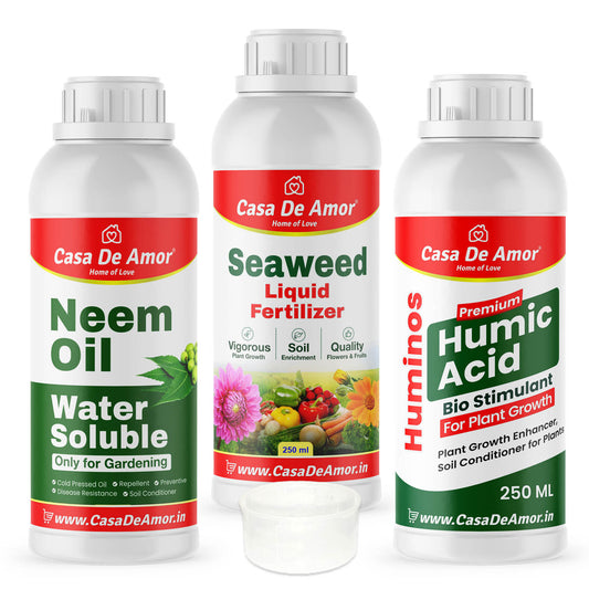 Casa De Amor Water Soluble Neem Oil (250 ml), Seaweed Extract Liquid Fertilizer (250 ml) & Humic Acid Bio-Fertilizer (250 ml) with Measuring Cup
