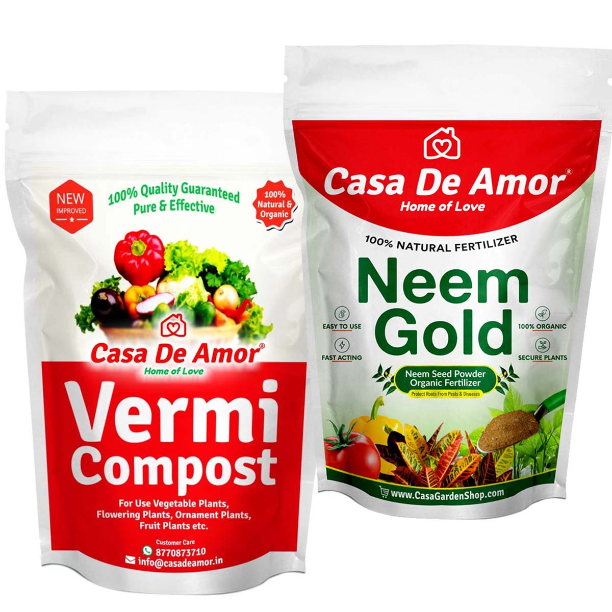 Casa De Amor Organic Vermicompost Fertilizer for Plants (5 Kg) & Neem Seeds Powder Organic Fertilizer and Pest Repellent for Plants (900 Gm) Combo