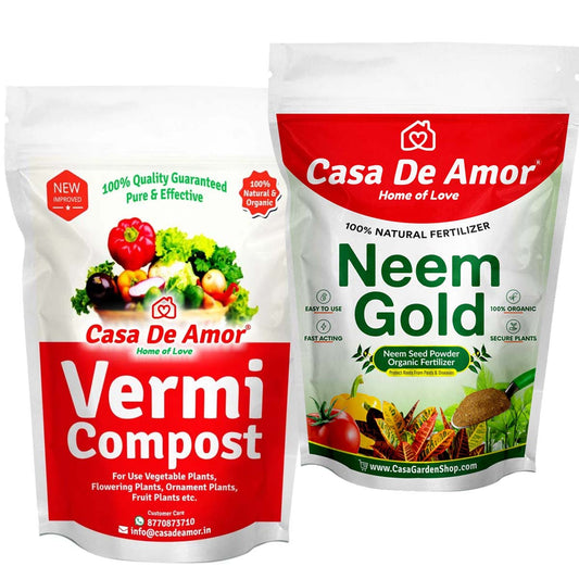 Casa De Amor Organic Vermicompost Fertilizer for Plants (5 Kg) & Neem Seeds Powder Organic Fertilizer and Pest Repellent for Plants (900 Gm) Combo