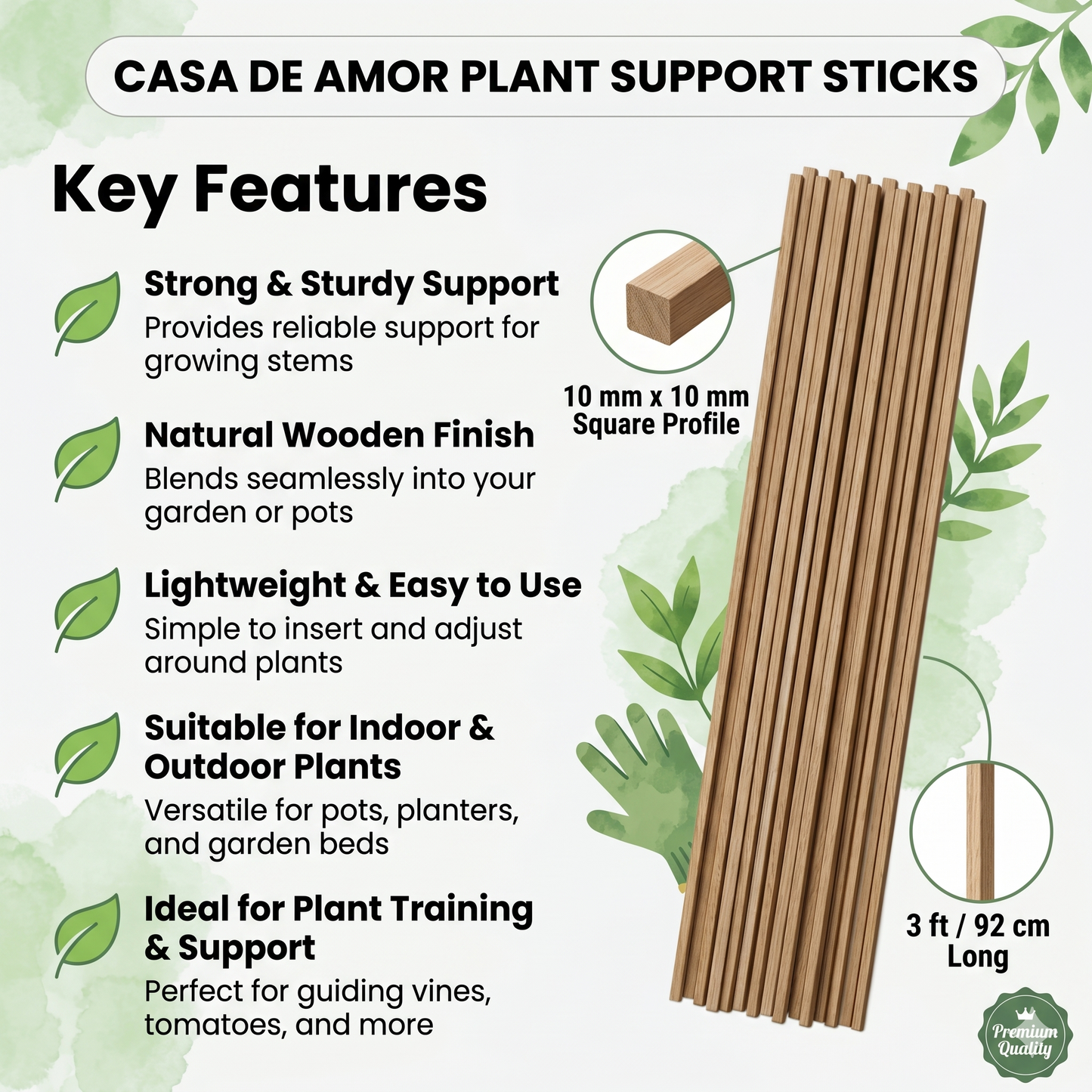 Casa De Amor Natural Teak Wooden Support Sticks for Plant Stem Support, Square Garden Stakes for Indoor & Outdoor Gardening, 3 Feet Long