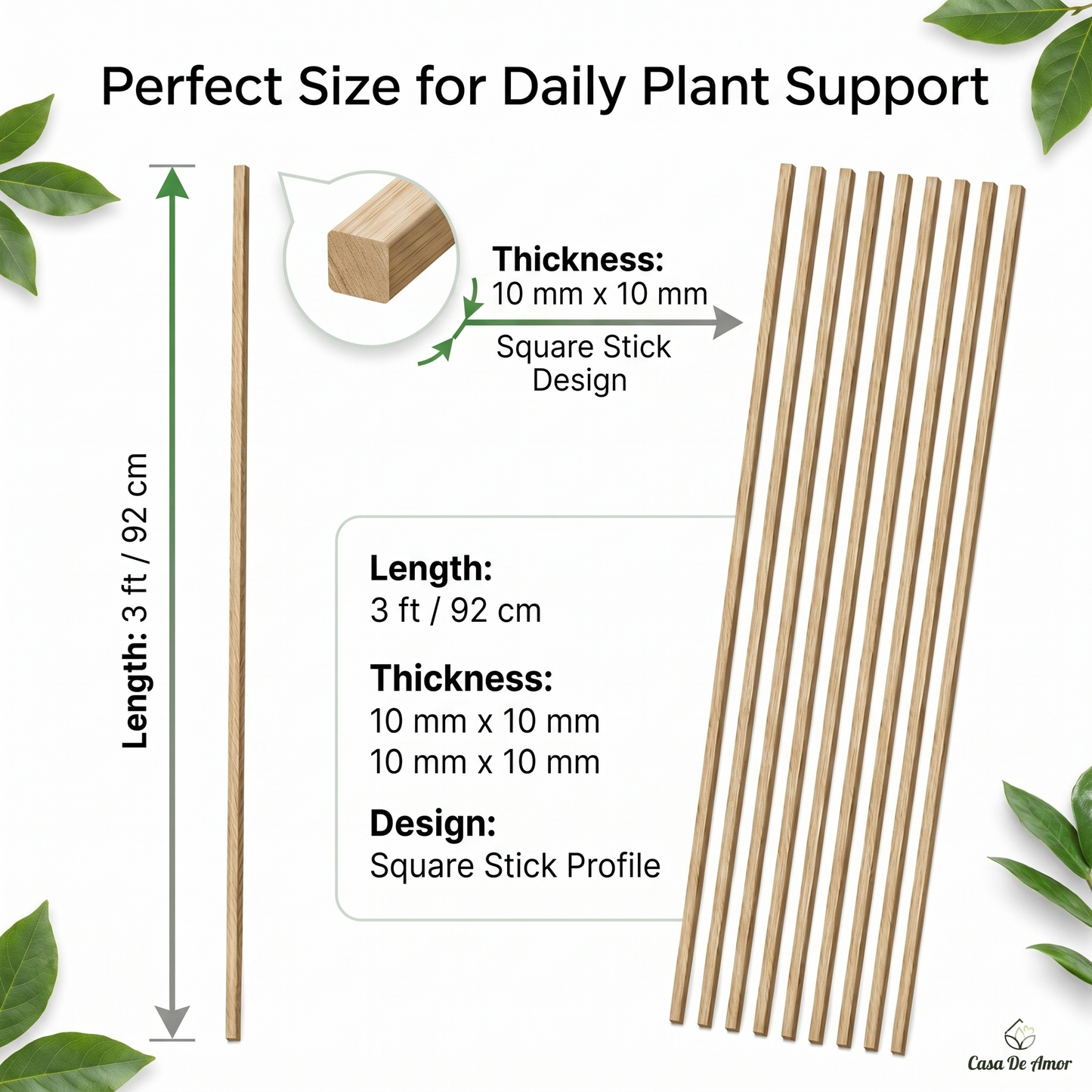 Casa De Amor Natural Teak Wooden Support Sticks for Plant Stem Support, Square Garden Stakes for Indoor & Outdoor Gardening, 3 Feet Long