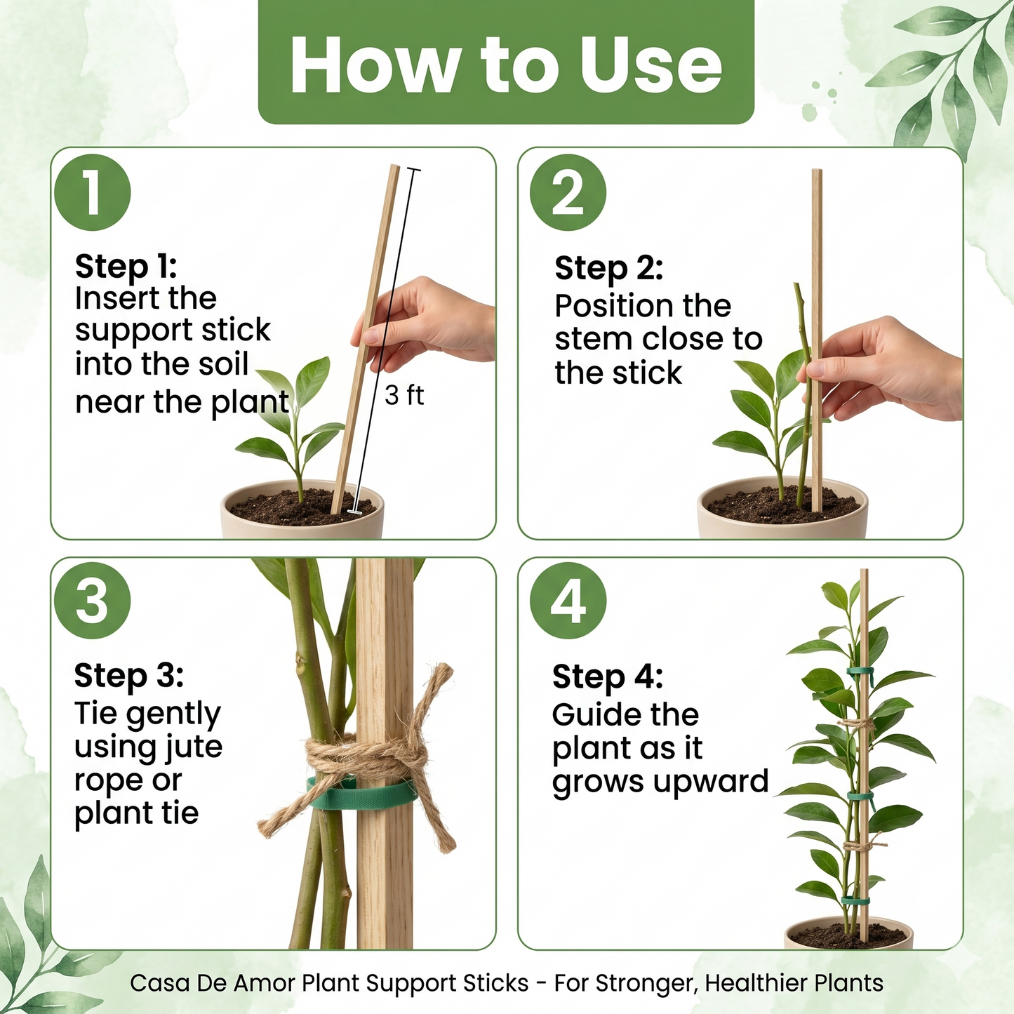 Casa De Amor Natural Teak Wooden Support Sticks for Plant Stem Support, Square Garden Stakes for Indoor & Outdoor Gardening, 3 Feet Long