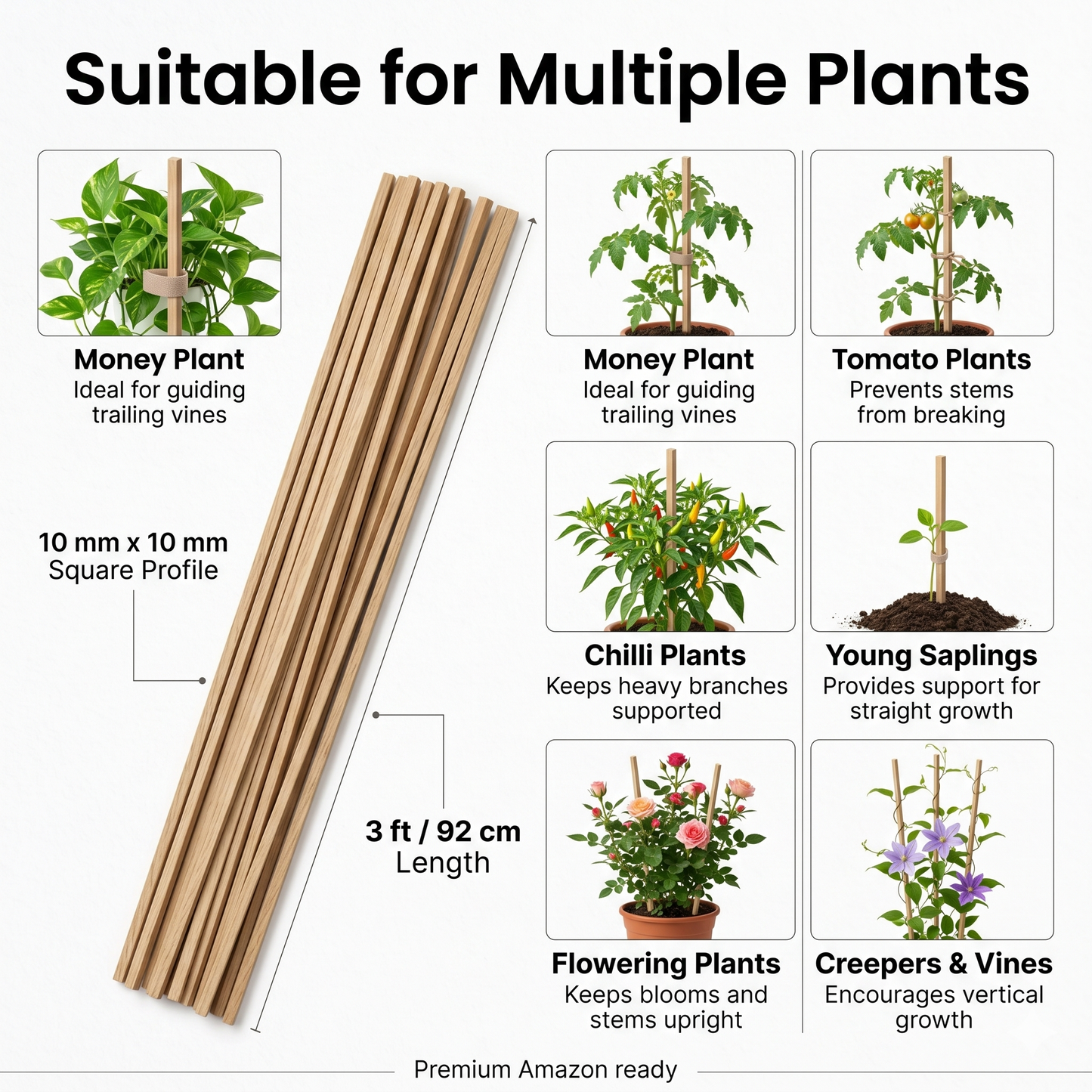 Casa De Amor Natural Teak Wooden Support Sticks for Plant Stem Support, Square Garden Stakes for Indoor & Outdoor Gardening, 3 Feet Long