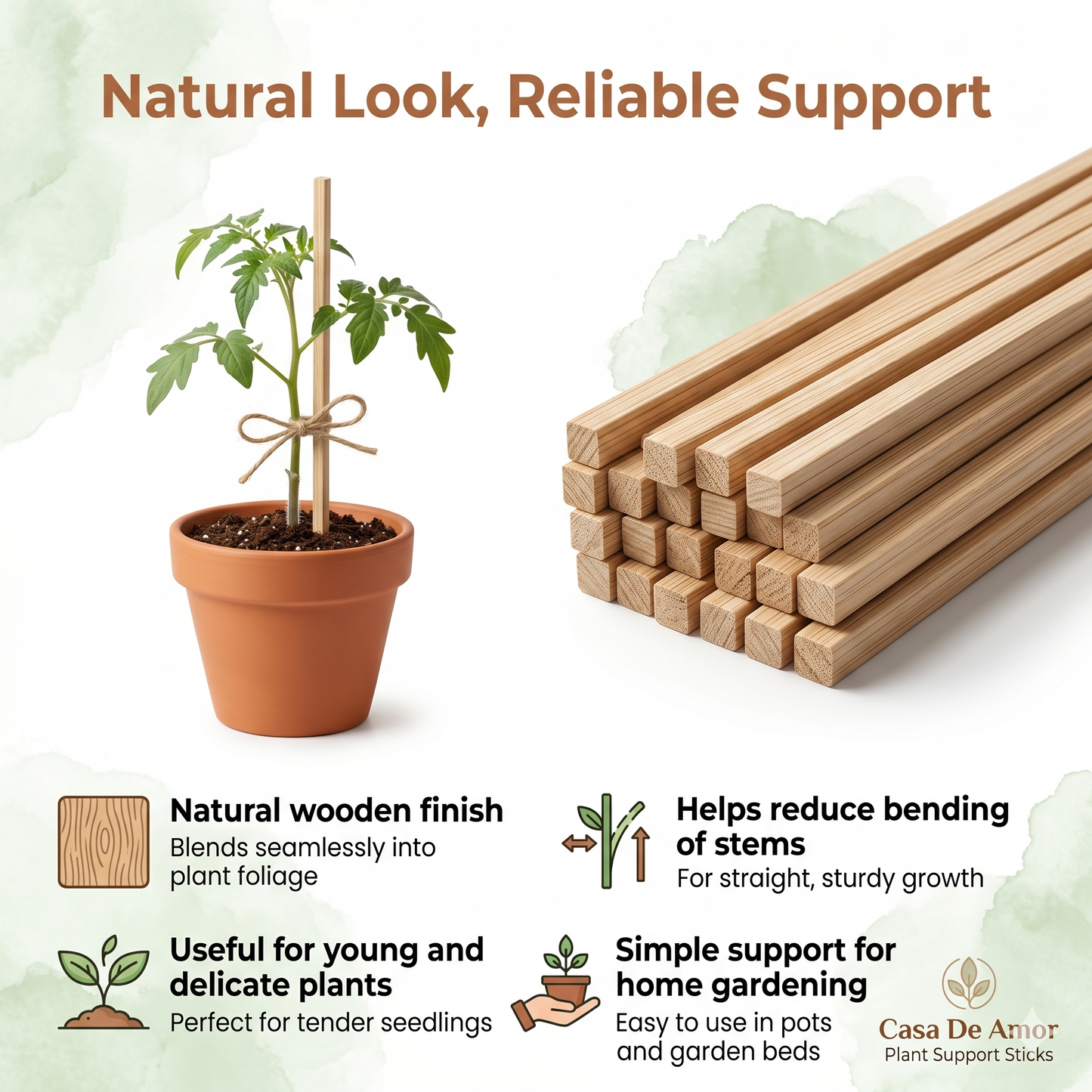 Casa De Amor Natural Teak Wooden Support Sticks for Plant Stem Support, Square Garden Stakes for Indoor & Outdoor Gardening, 3 Feet Long