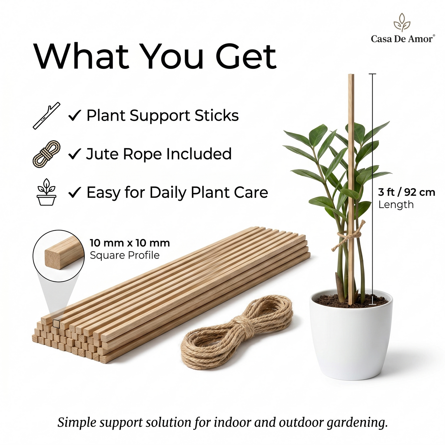 Casa De Amor Natural Teak Wooden Support Sticks for Plant Stem Support, Square Garden Stakes for Indoor & Outdoor Gardening, 3 Feet Long