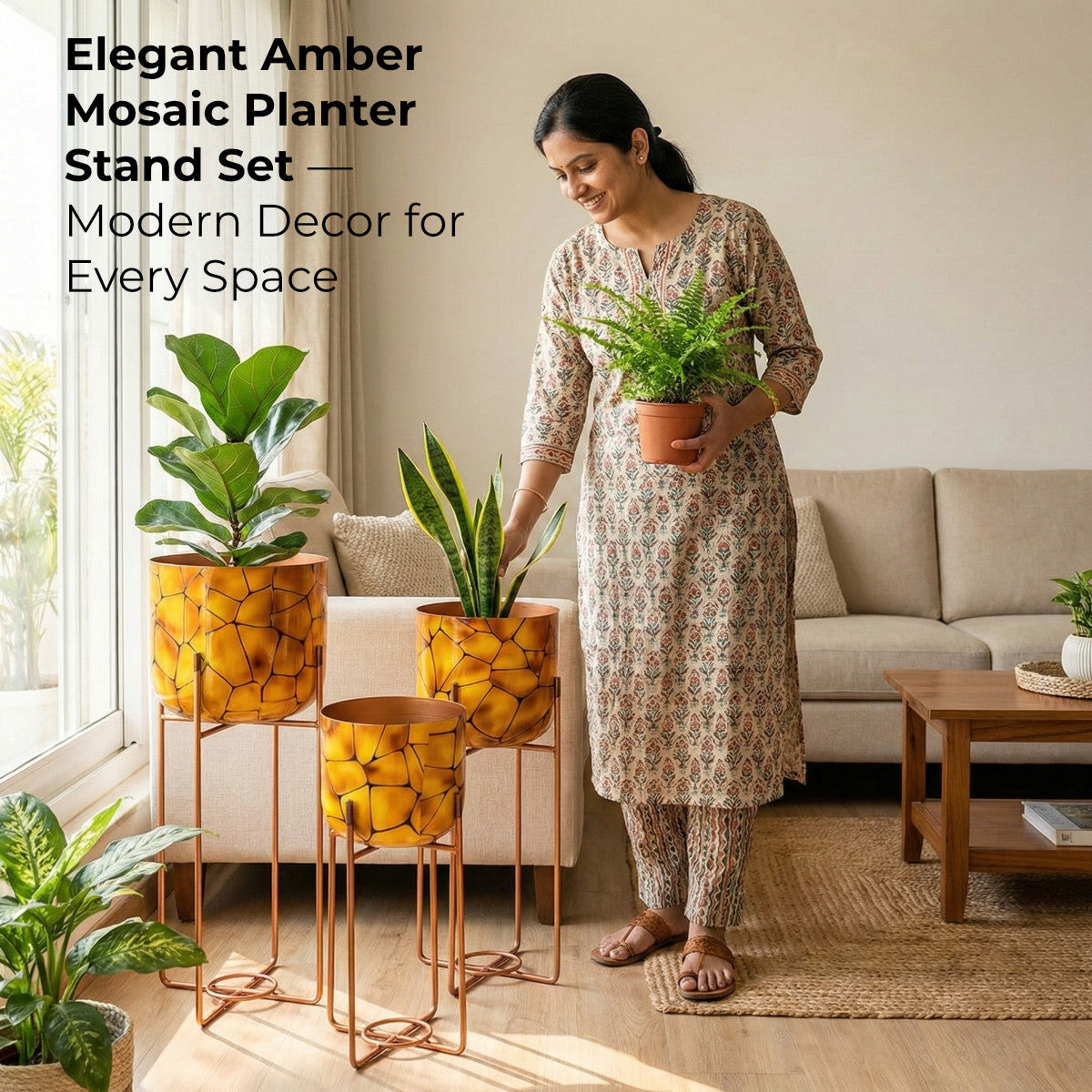 Casa De Amor Amber Mosaic Metal Planter Stand Set of 3 | Decorative Indoor Plant Stand with Metal Frame | Modern Home & Balcony Decor Pots (Small, Medium & Large)