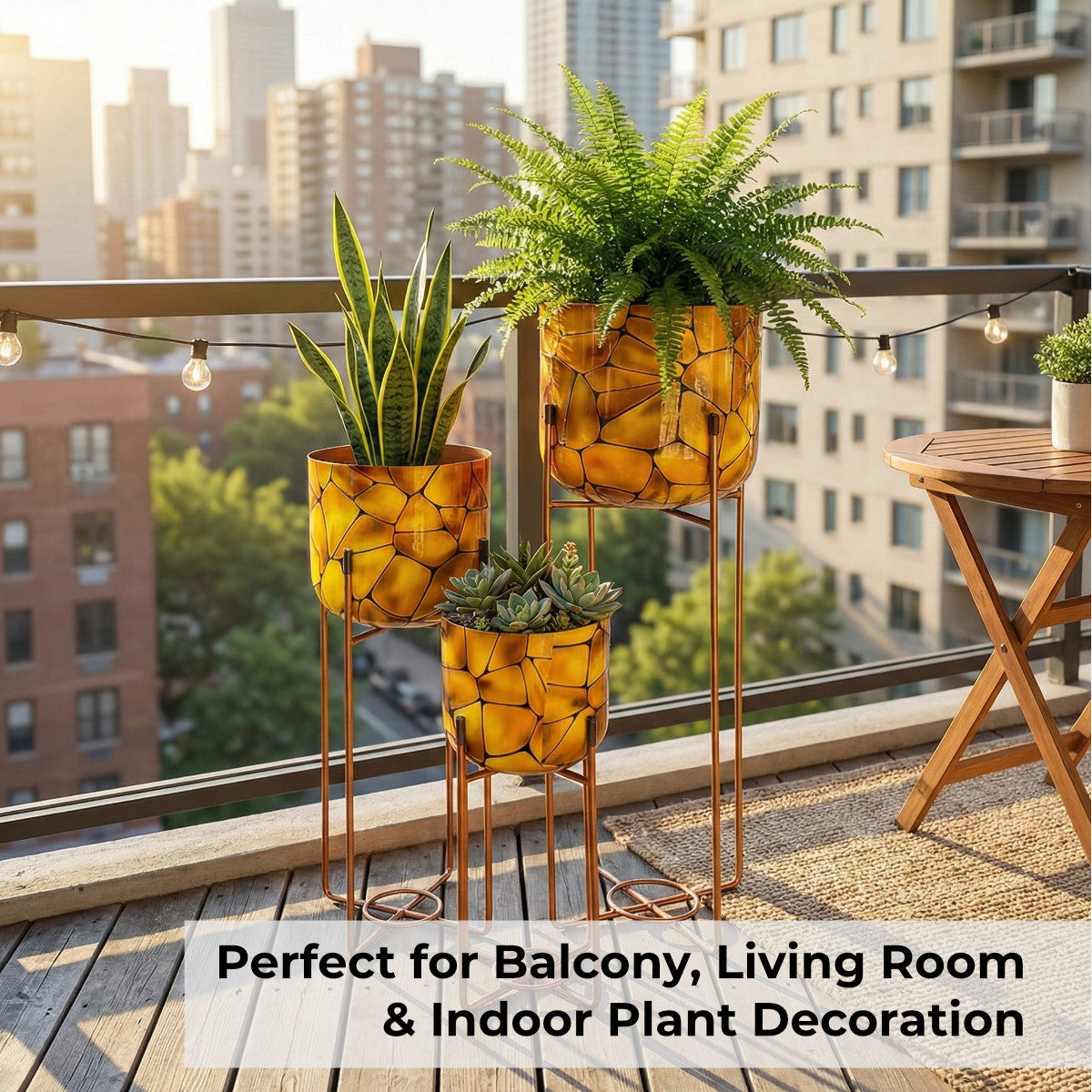 Casa De Amor Amber Mosaic Metal Planter Stand Set of 3 | Decorative Indoor Plant Stand with Metal Frame | Modern Home & Balcony Decor Pots (Small, Medium & Large)