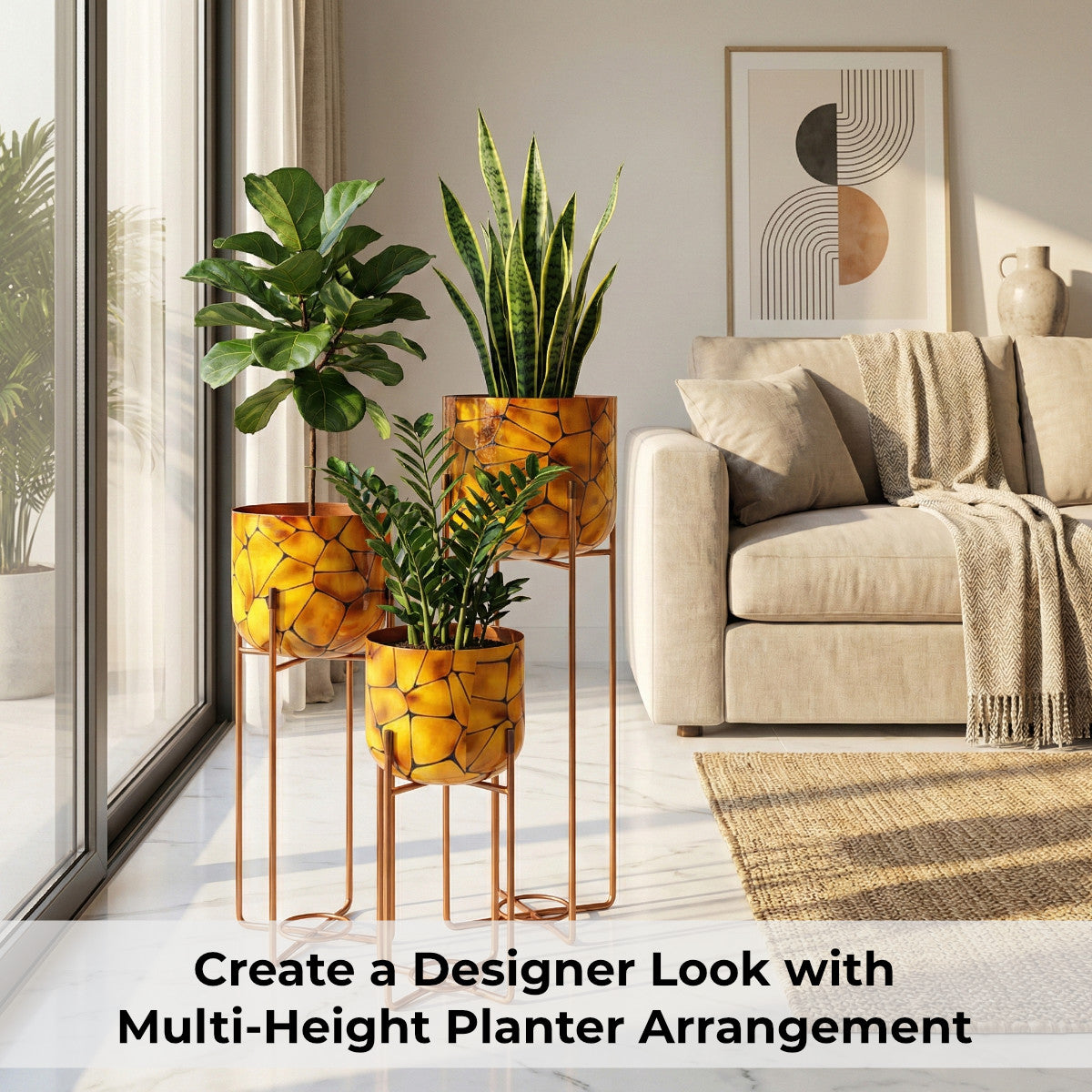 Casa De Amor Amber Mosaic Metal Planter Stand Set of 3 | Decorative Indoor Plant Stand with Metal Frame | Modern Home & Balcony Decor Pots (Small, Medium & Large)