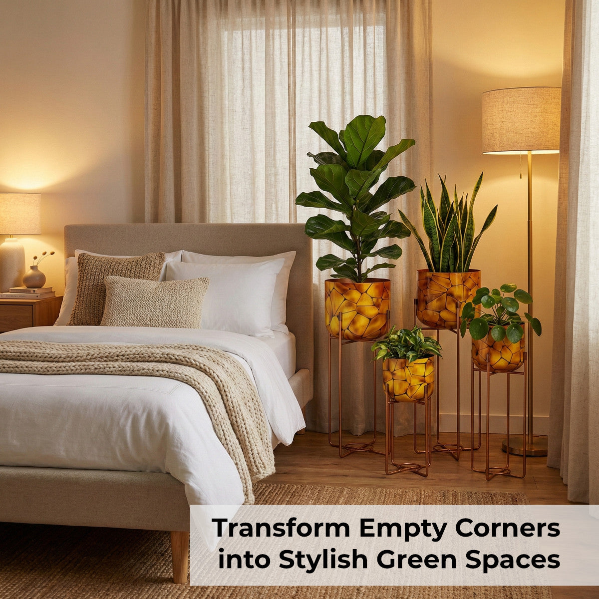 Casa De Amor Amber Mosaic Metal Planter Stand Set of 3 | Decorative Indoor Plant Stand with Metal Frame | Modern Home & Balcony Decor Pots (Small, Medium & Large)