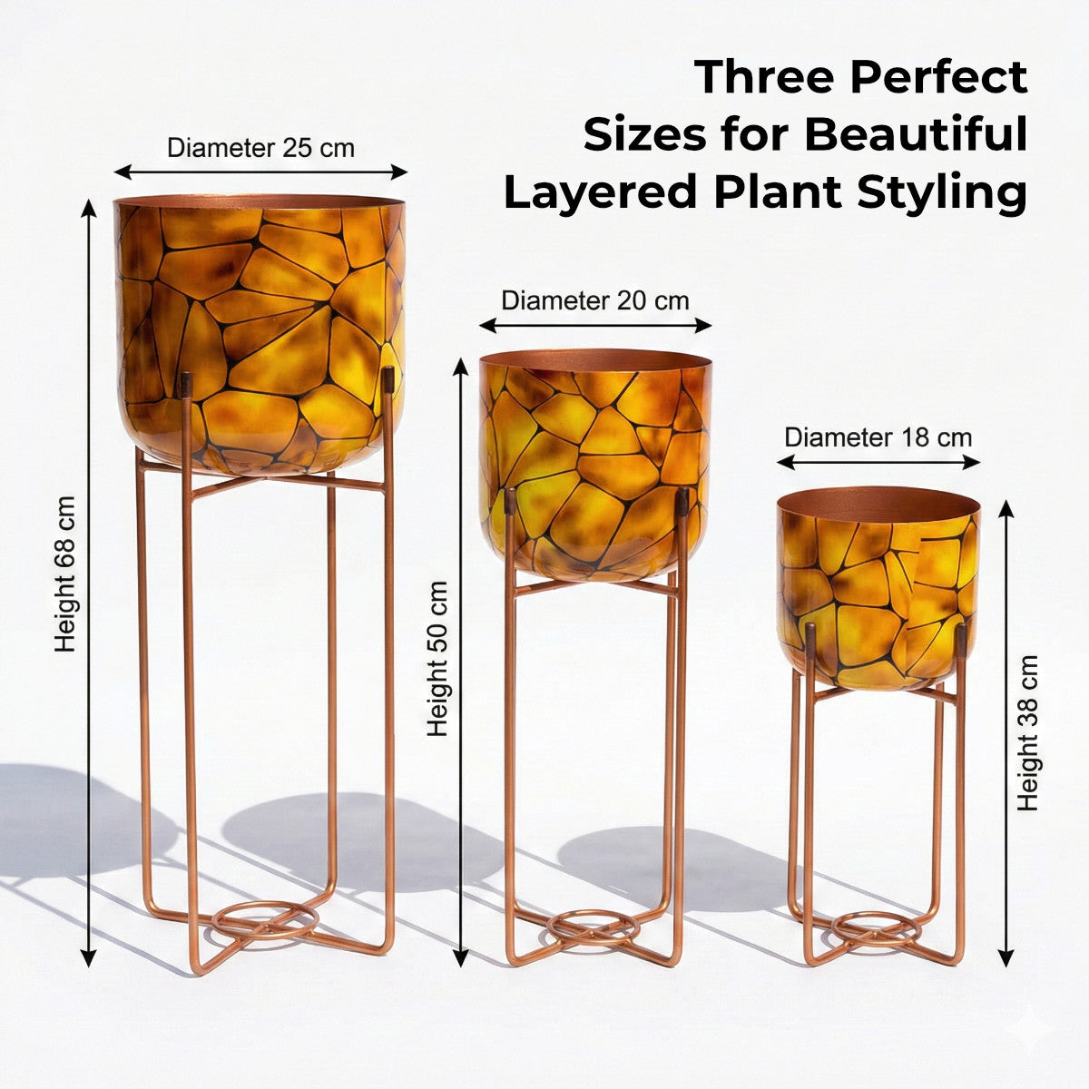 Casa De Amor Amber Mosaic Metal Planter Stand Set of 3 | Decorative Indoor Plant Stand with Metal Frame | Modern Home & Balcony Decor Pots (Small, Medium & Large)