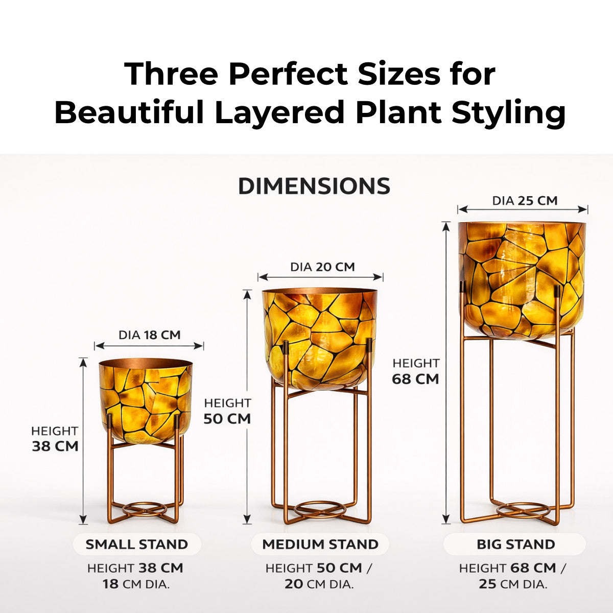 Casa De Amor Amber Mosaic Metal Planter Stand Set of 3 | Decorative Indoor Plant Stand with Metal Frame | Modern Home & Balcony Decor Pots (Small, Medium & Large)