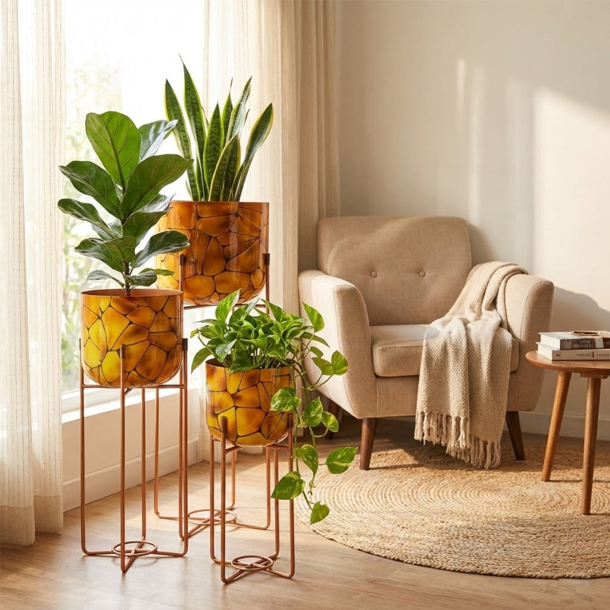 Casa De Amor Amber Mosaic Metal Planter Stand Set of 3 | Decorative Indoor Plant Stand with Metal Frame | Modern Home & Balcony Decor Pots (Small, Medium & Large)