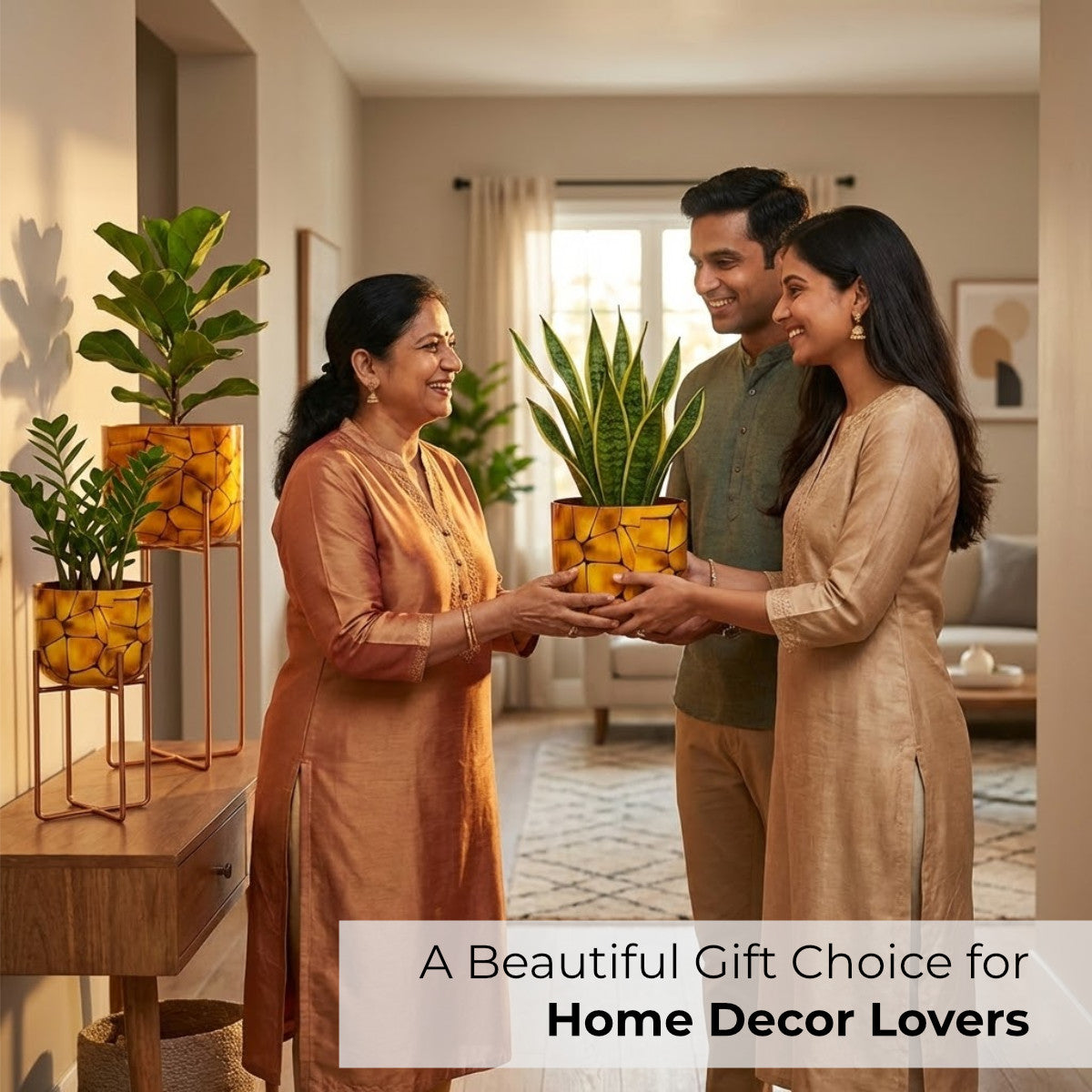 Casa De Amor Amber Mosaic Metal Planter Stand Set of 3 | Decorative Indoor Plant Stand with Metal Frame | Modern Home & Balcony Decor Pots (Small, Medium & Large)