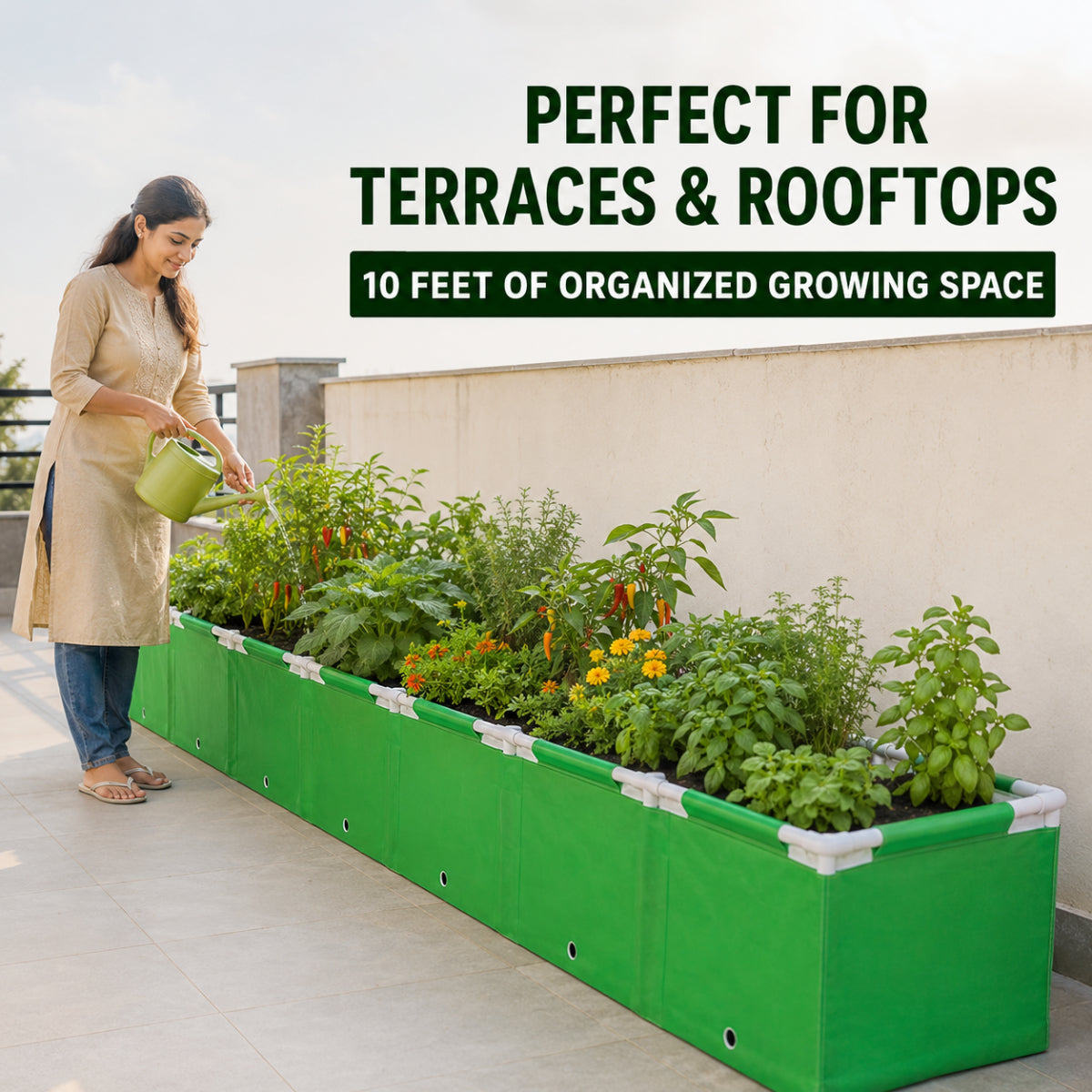 Casa De Amor HDPE UV Protected 260 GSM Green Grow Bags Rectangular Suitable for Vegetable Terrace Gardening (10x1x1 Feet, Pack of 1)