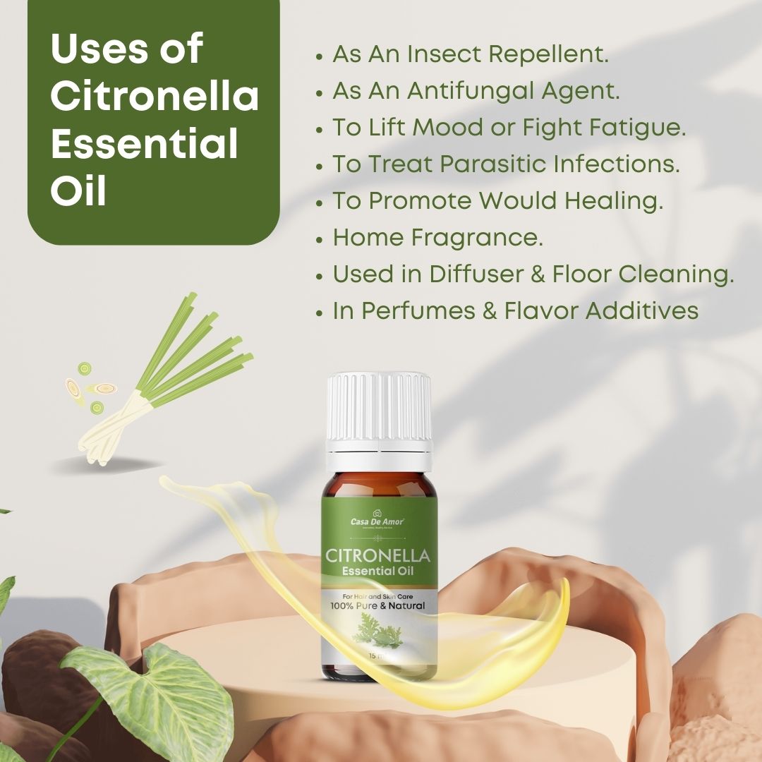 Casa De Amor Citronella Pure & Natural Essential Oil, Strengthen Hair Vitality, Mosquito Repellent (15 ml)