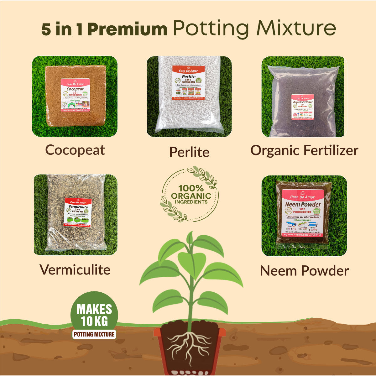 Casa De Amor 5-in-1 Potting Mixture- Makes 10Kg Soil Less Mixture with Cocopeat, Vermiculite, Perlite, Neem Cake Powder & Organic Fertilizer for Healthy Plant Growth