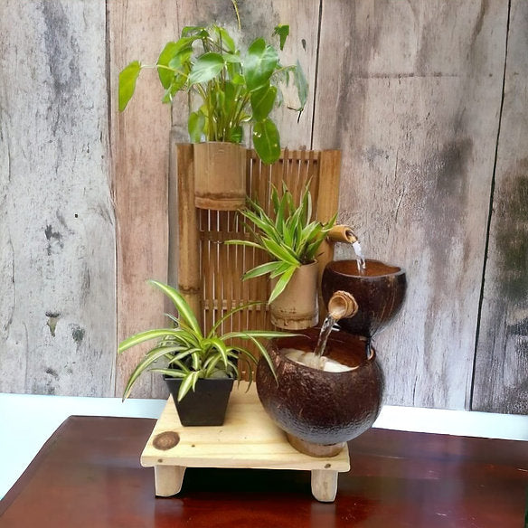 Casa De Amor Decorative Bamboo Water Fountain – Coconut Shell Tabletop Waterfall | Indoor Outdoor Garden Zen Fountain for Living Room, Patio & Home Decor Gift