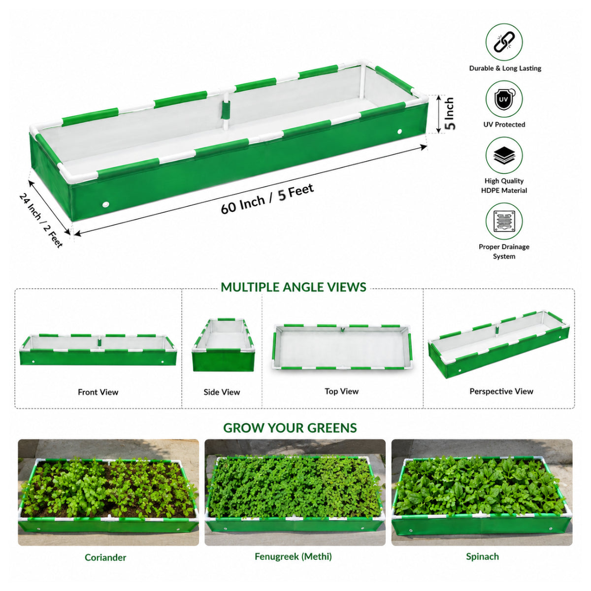 Casa De Amor Rectangular HDPE Grow Bag with PVC Frame, 60 x 24 x 5 Inch, 360 GSM Raised Garden Bed for Spinach, Methi, Coriander & Leafy Greens