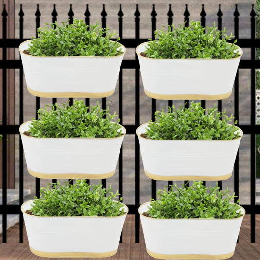 Casa De Amor Oval Rectangular Metal Plant Pots for Balcony Railing, 12 Inches (White, Set of 6)