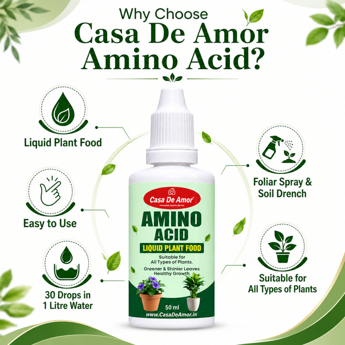 Casa De Amor Amino Acid Liquid Plant Fertilizer (100 ml) for Greener Leaves, Root Support, Vegetables & Flowering Plants