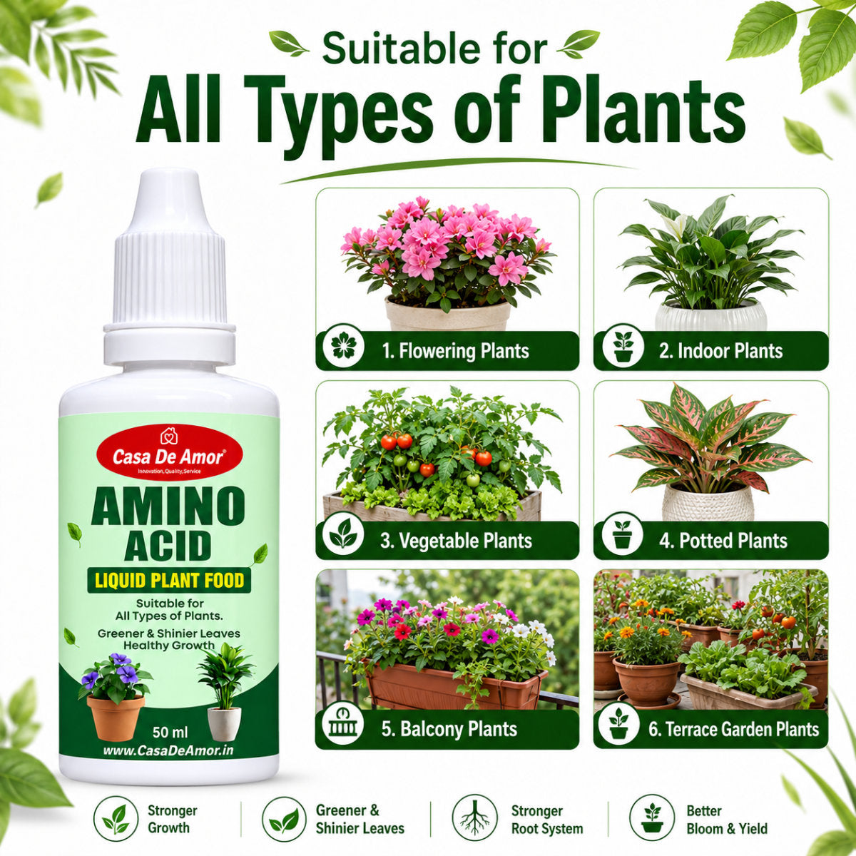 Casa De Amor Amino Acid Liquid Plant Fertilizer (100 ml) for Greener Leaves, Root Support, Vegetables & Flowering Plants