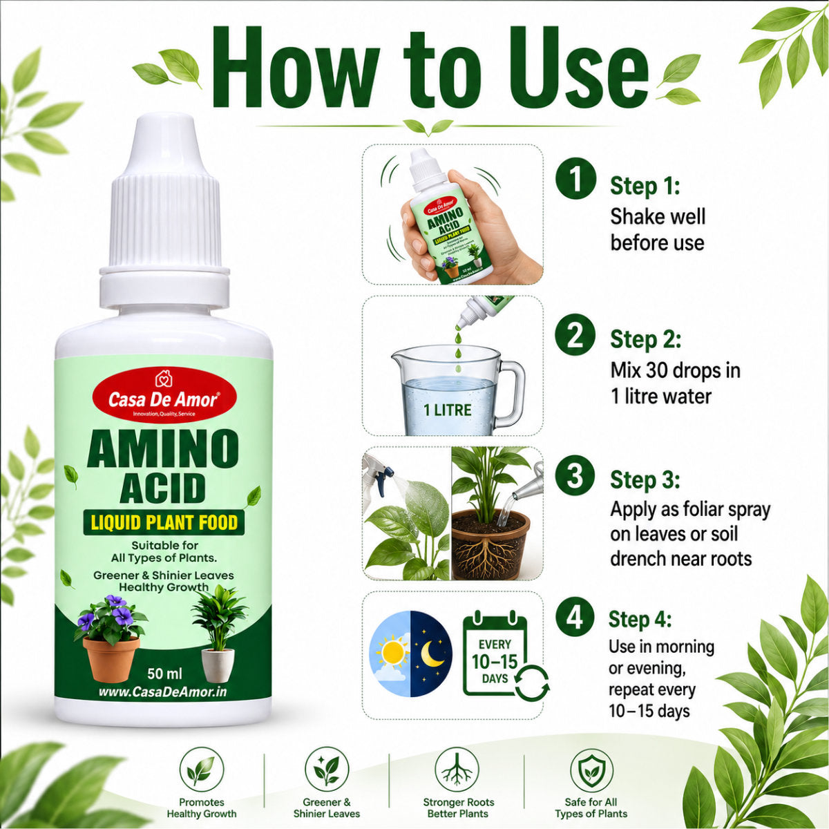 Casa De Amor Amino Acid Liquid Plant Fertilizer (100 ml) for Greener Leaves, Root Support, Vegetables & Flowering Plants