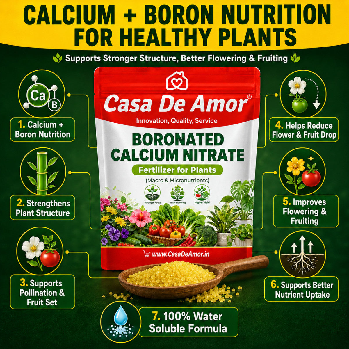 Casa De Amor Boronated Calcium Nitrate Fertilizer for Plants | 100% Water Soluble for Flowering, Fruiting, Vegetables & Garden Plants