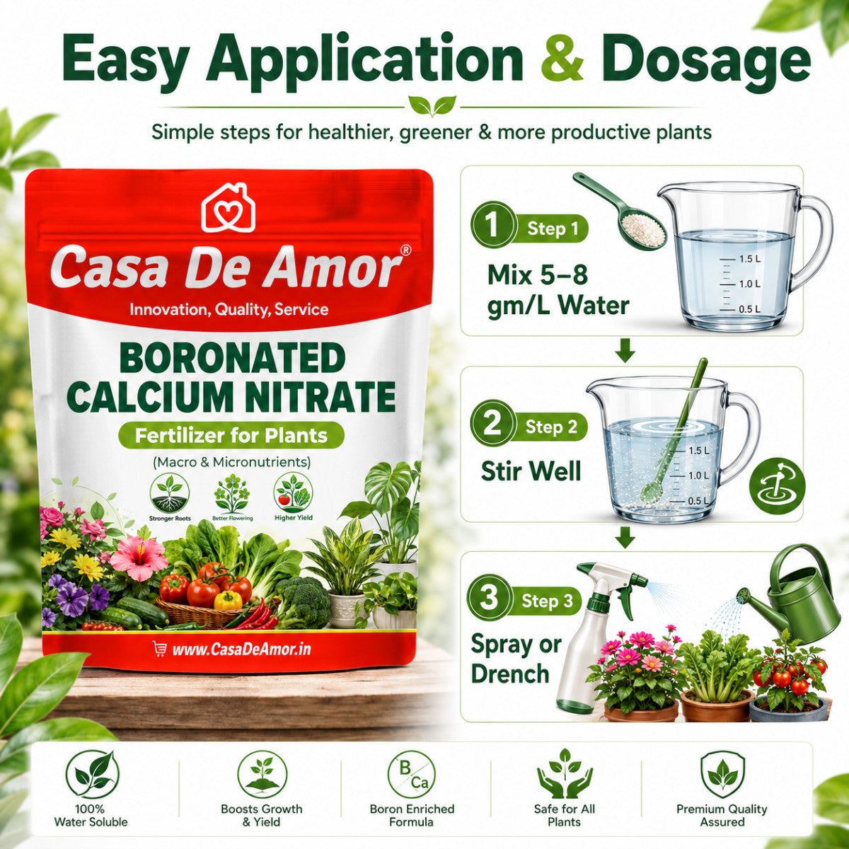 Casa De Amor Boronated Calcium Nitrate Fertilizer for Plants | 100% Water Soluble for Flowering, Fruiting, Vegetables & Garden Plants