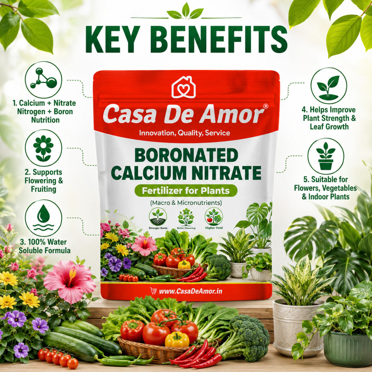 Casa De Amor Boronated Calcium Nitrate Fertilizer for Plants | 100% Water Soluble for Flowering, Fruiting, Vegetables & Garden Plants
