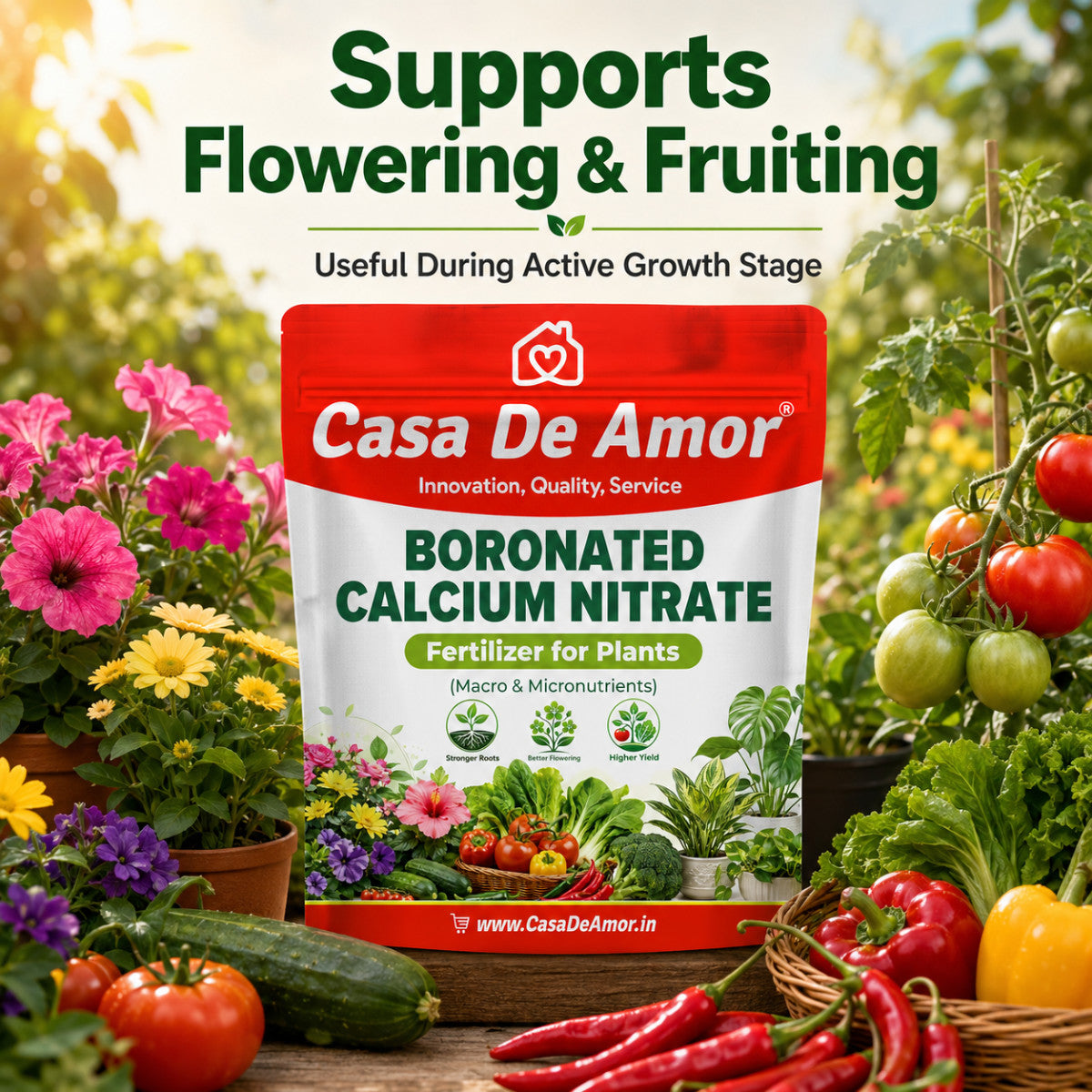 Casa De Amor Boronated Calcium Nitrate Fertilizer for Plants | 100% Water Soluble for Flowering, Fruiting, Vegetables & Garden Plants