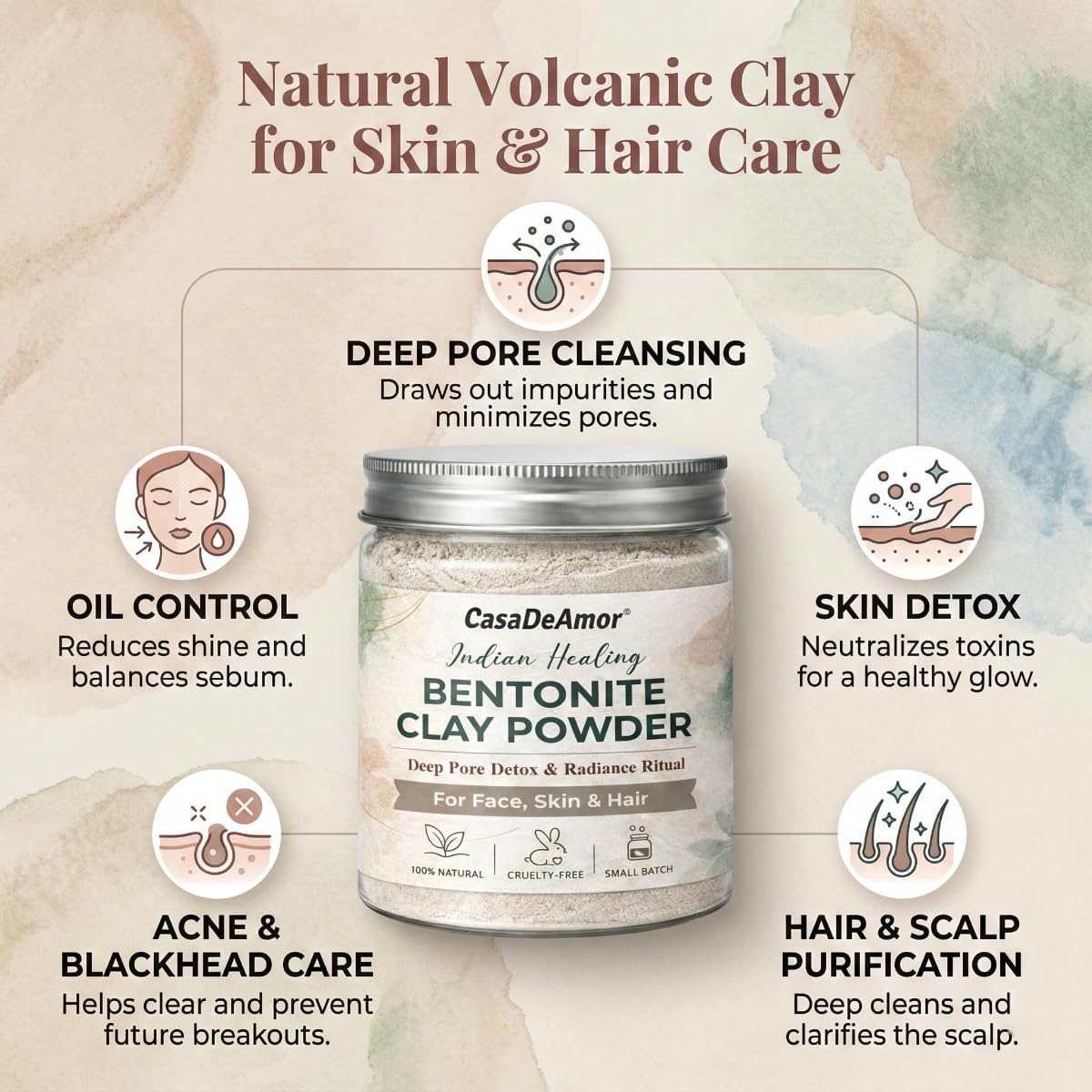 Casa De Amor Bentonite Clay Powder 250 gm, Natural Volcanic Clay for Face, Hair & Skin – Deep Cleansing & Detox Mask – Oil Control, Pore Purifying & Clear Skin Treatment