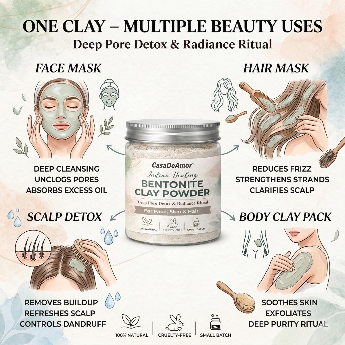 Casa De Amor Bentonite Clay Powder 250 gm, Natural Volcanic Clay for Face, Hair & Skin – Deep Cleansing & Detox Mask – Oil Control, Pore Purifying & Clear Skin Treatment
