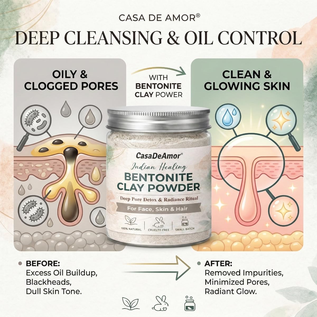 Casa De Amor Bentonite Clay Powder 250 gm, Natural Volcanic Clay for Face, Hair & Skin – Deep Cleansing & Detox Mask – Oil Control, Pore Purifying & Clear Skin Treatment