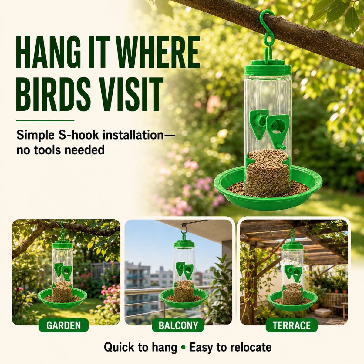 Casa De Amor Hanging Bird Feeder for Outdoor Garden| Balcony & Terrace | Green, Pack of 1