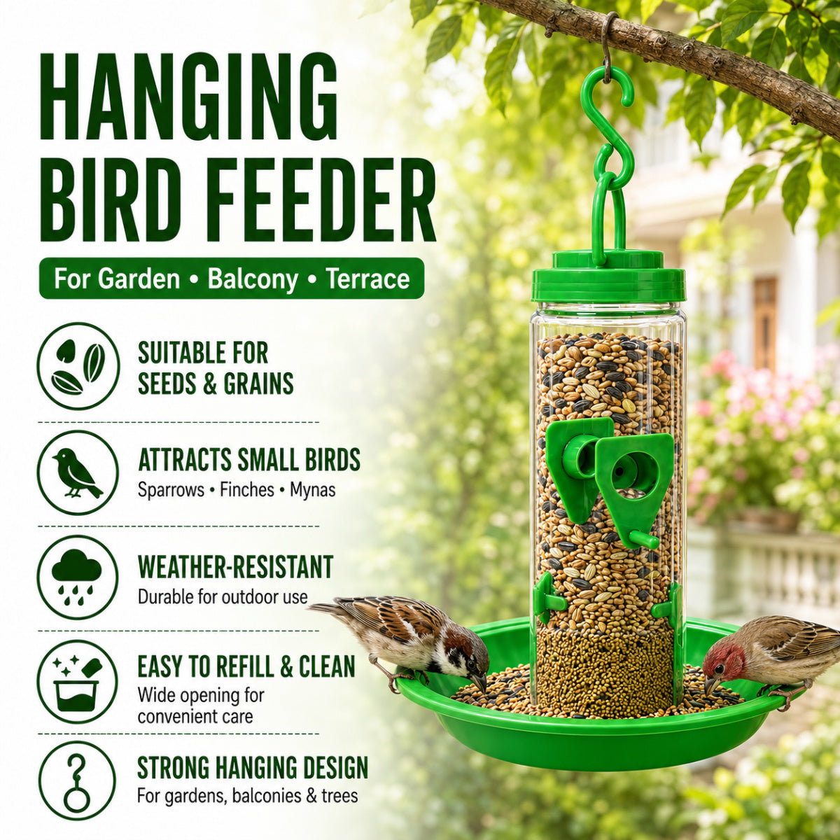 Casa De Amor Hanging Bird Feeder for Outdoor Garden| Balcony & Terrace | Green, Pack of 1