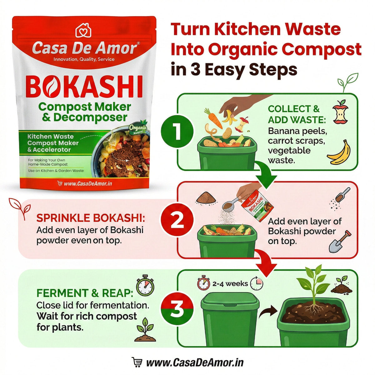 Casa De Amor Bokashi Compost Maker & Decomposer Powder – Ferment & Decompose Kitchen Waste into Organic Plant Food | Odour Control | Fast Composting