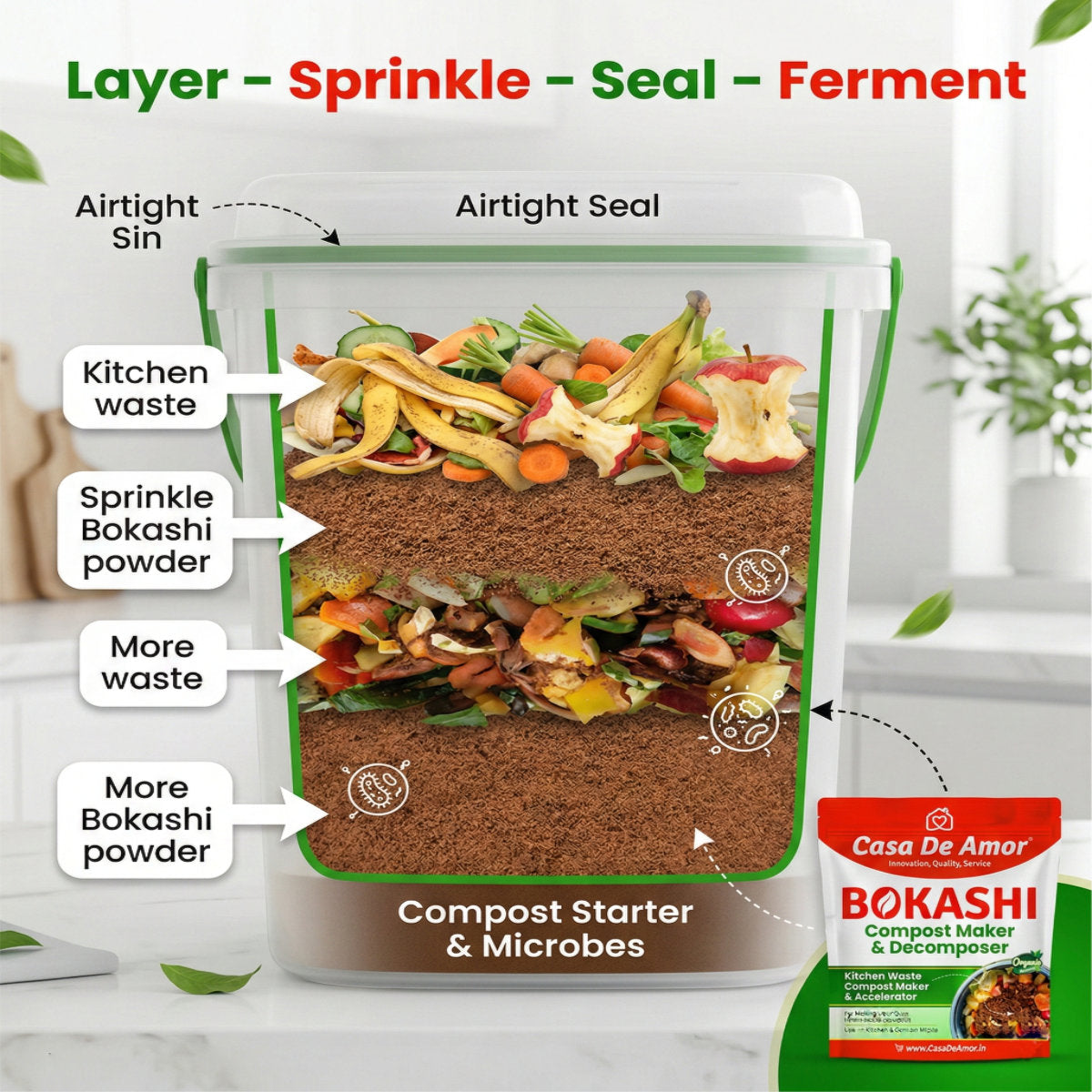 Casa De Amor Bokashi Compost Maker & Decomposer Powder – Ferment & Decompose Kitchen Waste into Organic Plant Food | Odour Control | Fast Composting